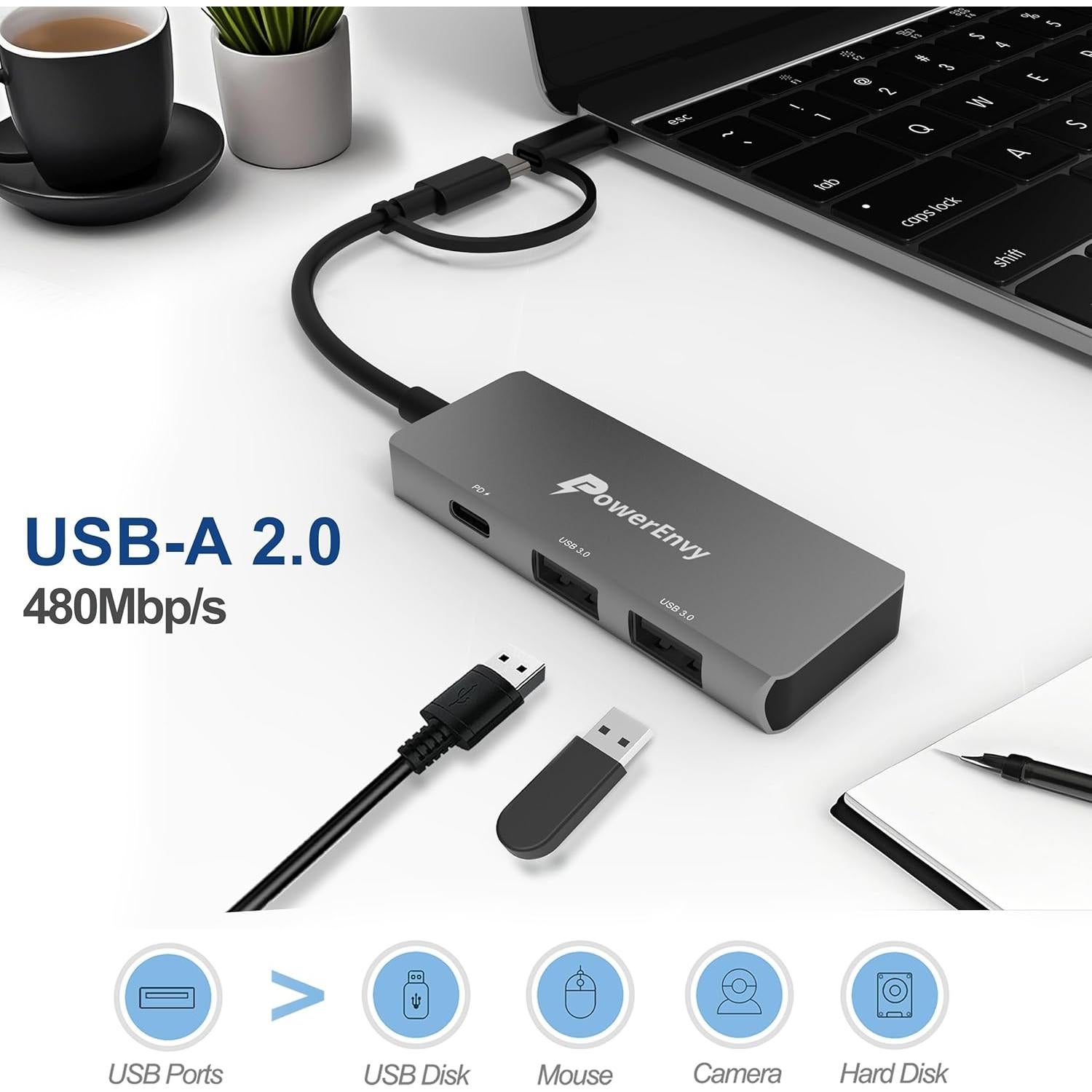 Adaptador Hub USB-C PowerEnvy 3 Puertos - Carga 100W