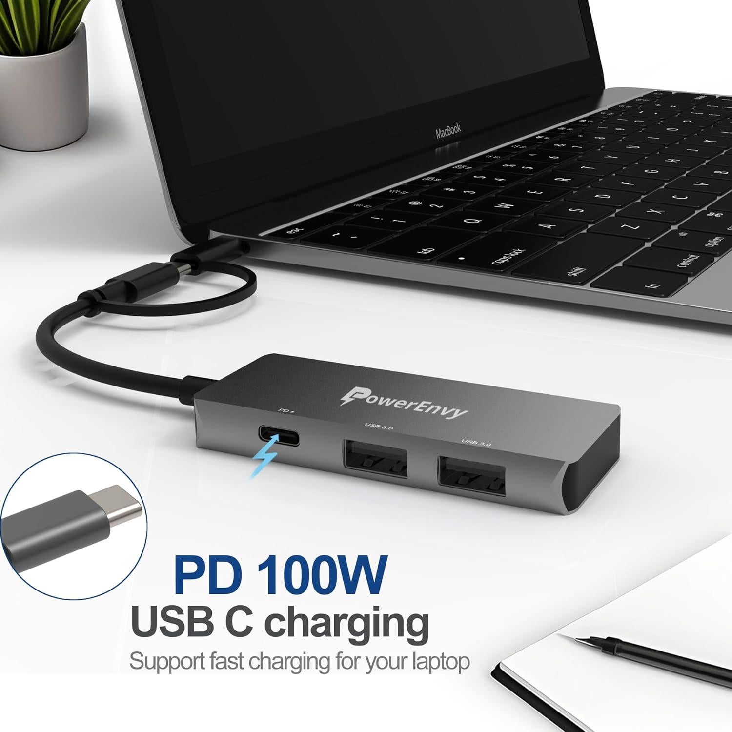 Adaptador Hub USB-C PowerEnvy 3 Puertos - Carga 100W