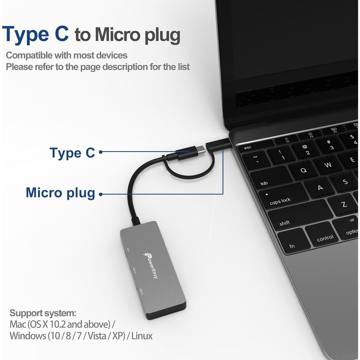 Adaptador Hub USB-C PowerEnvy 3 Puertos - Carga 100W