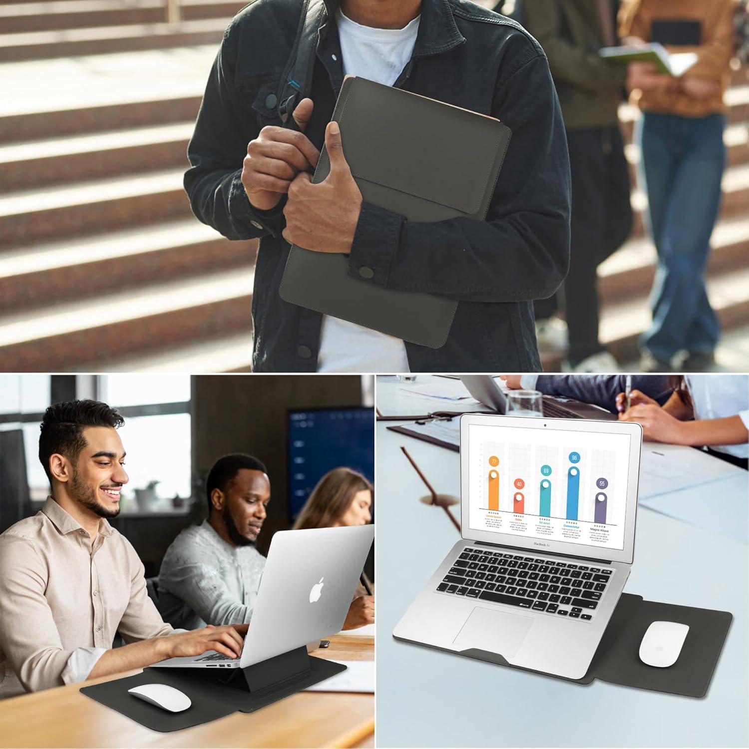 Funda de cuero gris para laptop 13-14" HoYiXi con soporte