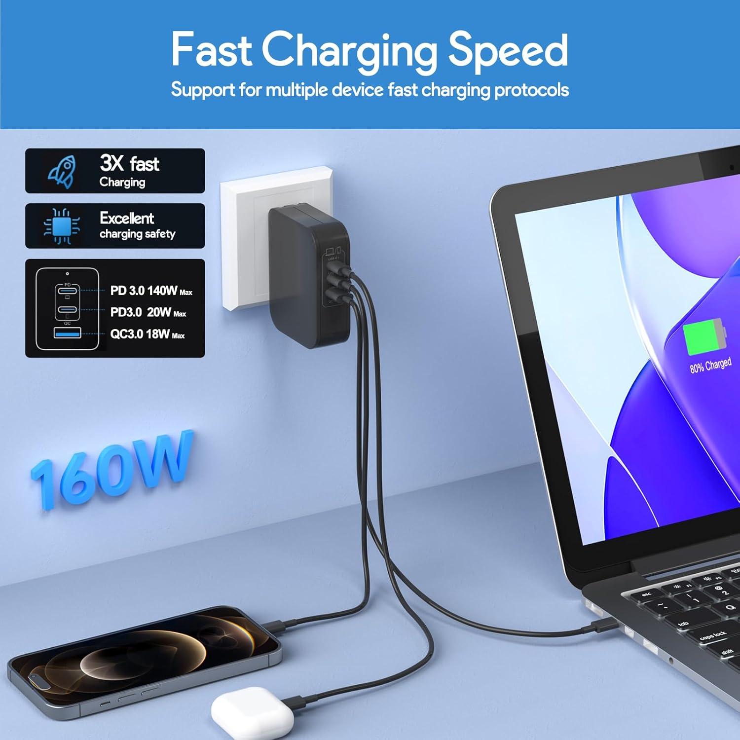 Cargador USB C 160W PDUSBSZ para Laptop y Smartphone