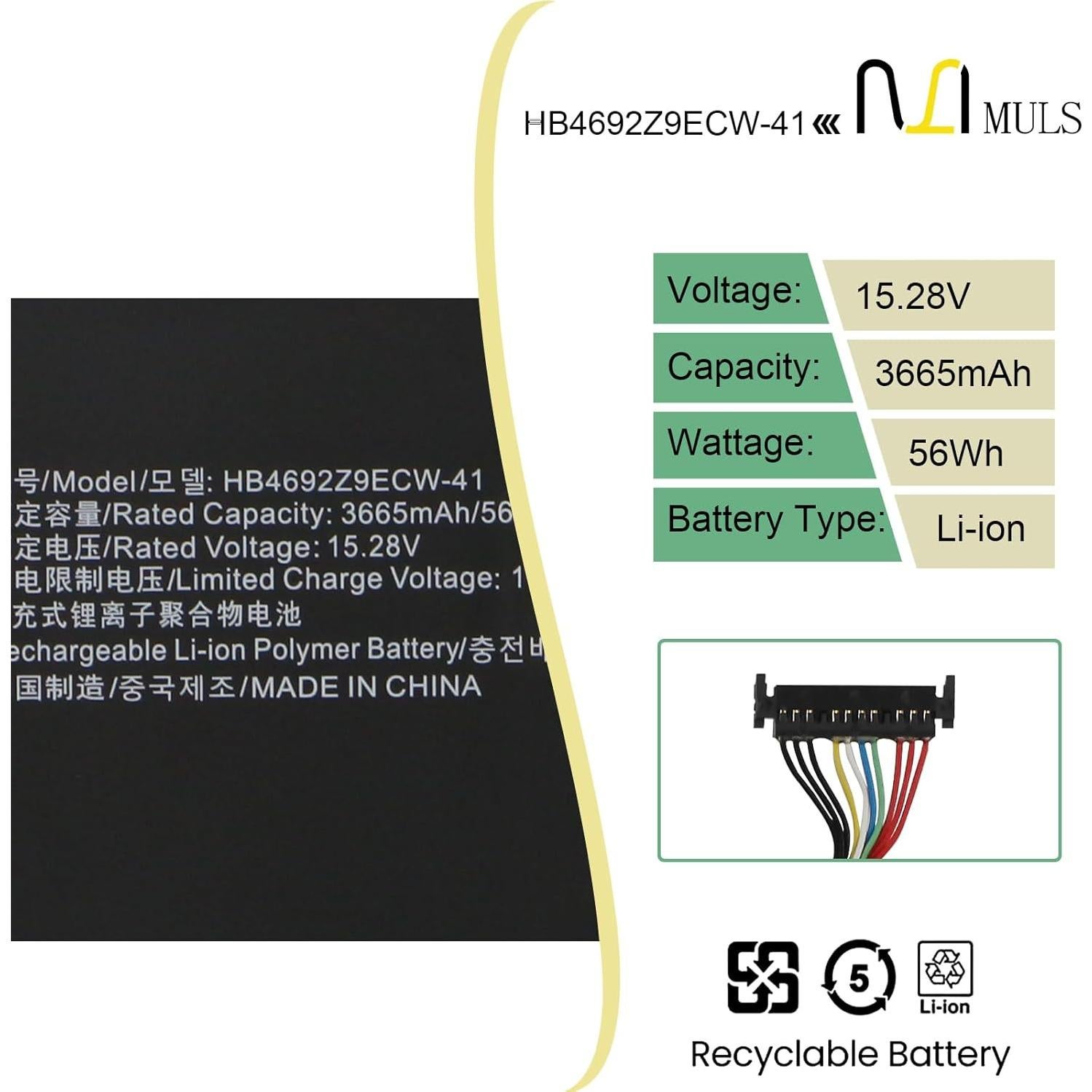 Batería Reemplazo MULS 56Wh 15.28V para Laptop Huawei