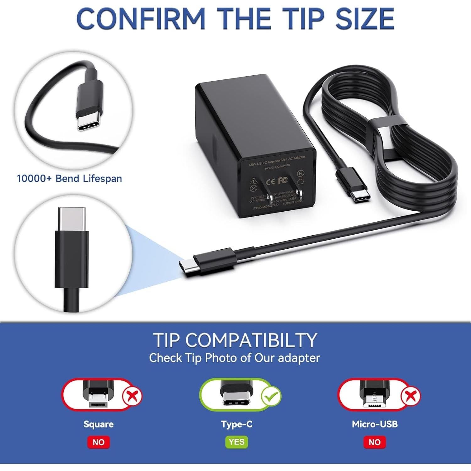 Cargador USB Tipo-C 65W para Laptop Lenovo, HP, Dell, Acer