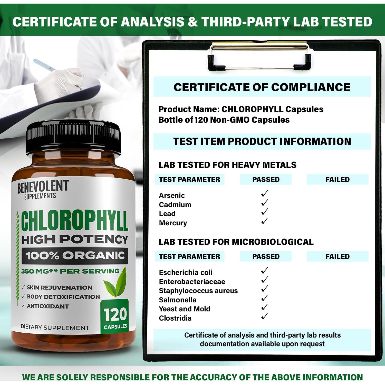 Cápsulas de Clorofila Benevolente 350mg - 120 Cápsulas Naturales