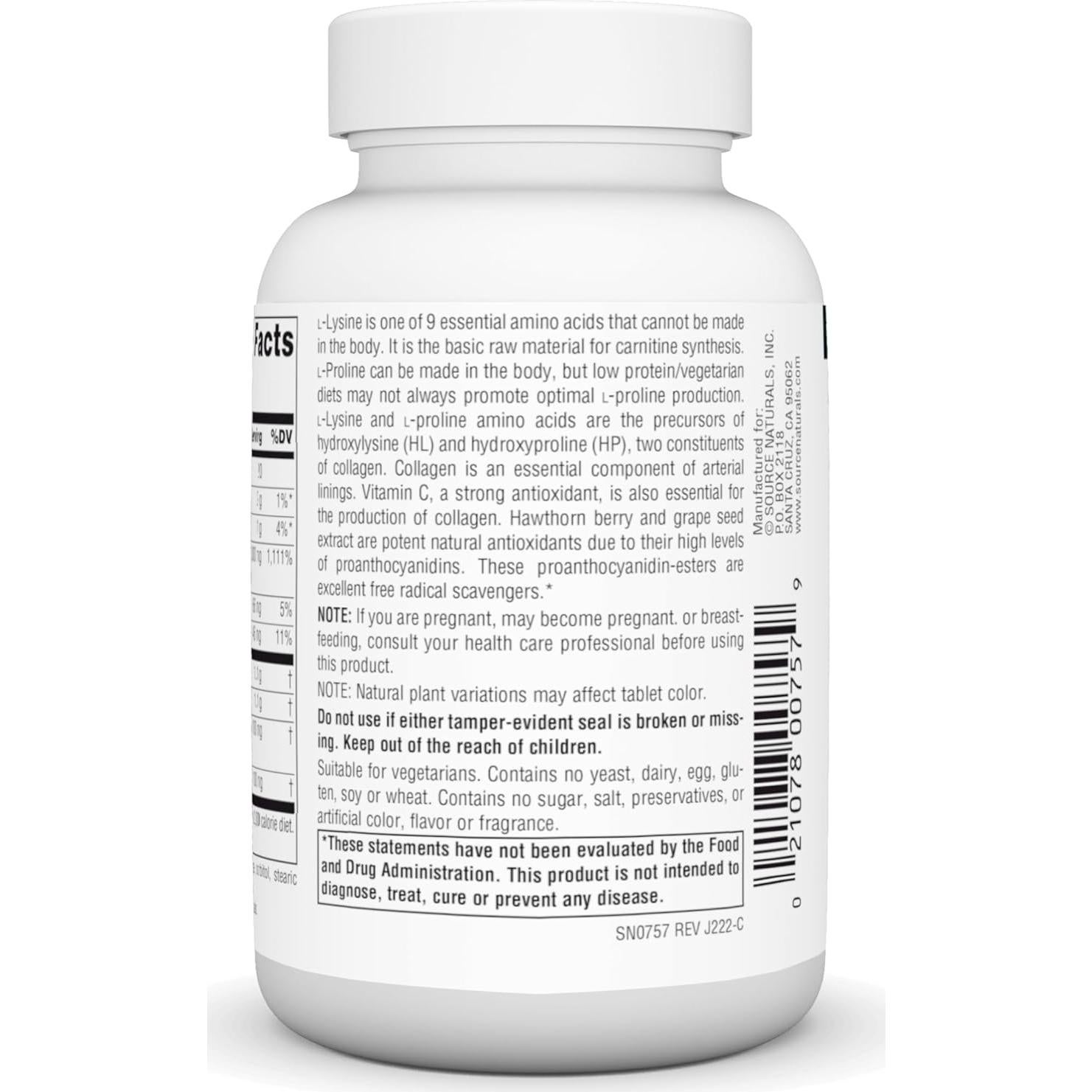 Suplemento L-Prolina y L-Lisina Source Naturals 550mg 60 Tabletas