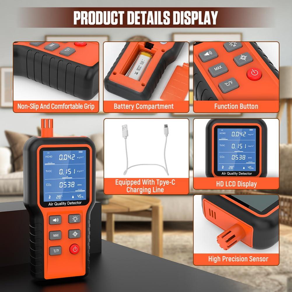 Monitor de Calidad del Aire Interior DUOYI 5-en-1 HCHO CO2 TVOC
