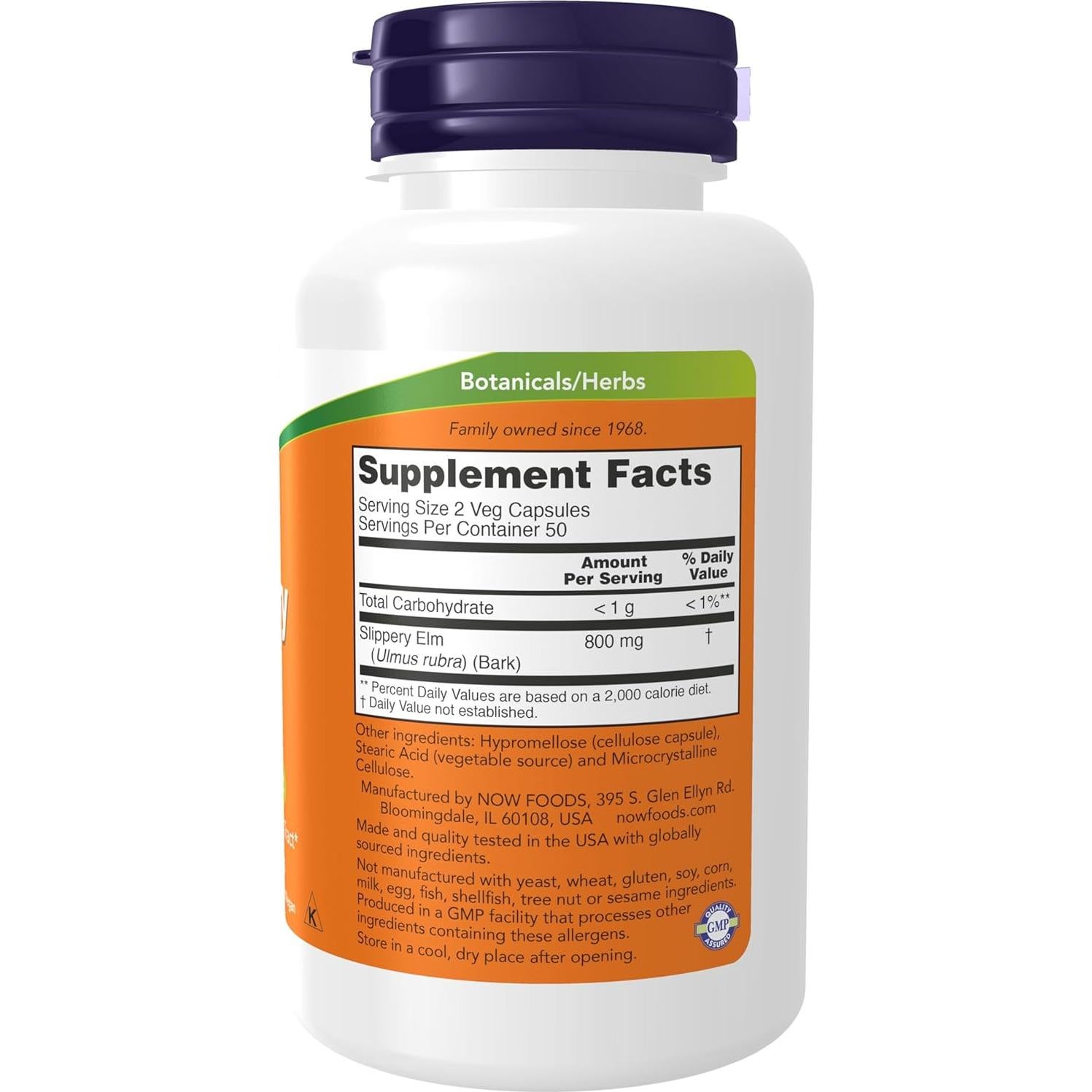 NOW Suplemento Herbal Olmo Resbaladizo 400 mg 100 Cápsulas Veganas