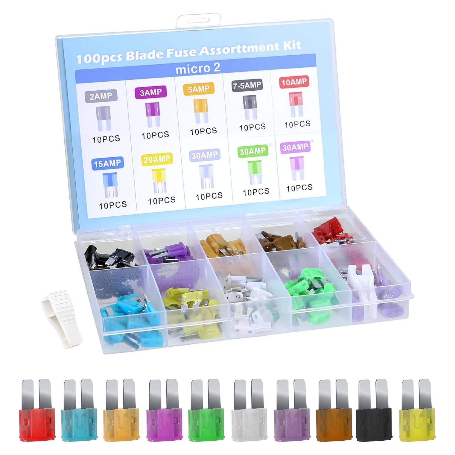 Kit de Fusibles Micro 2 Amliber 100Pcs para Automóviles 2A-35A