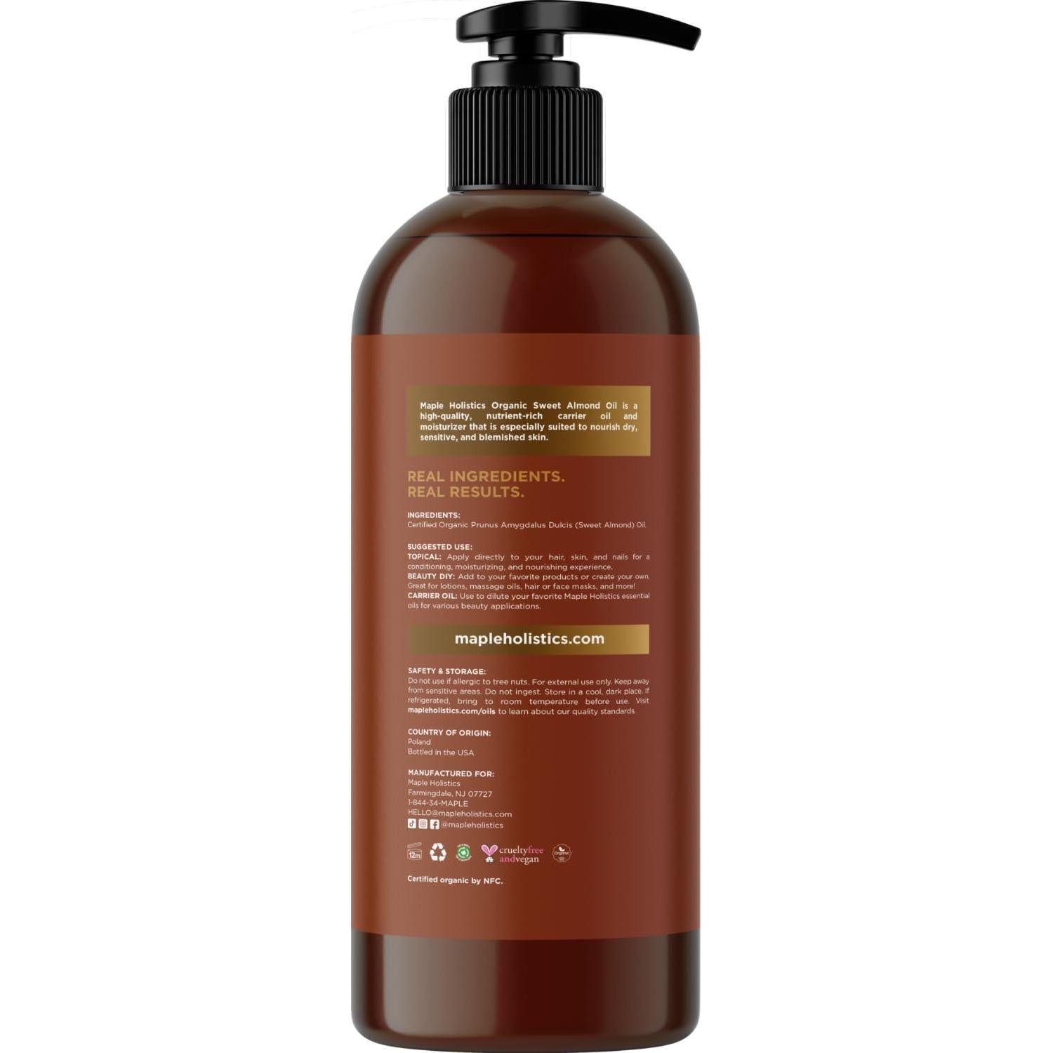 Aceite de Almendra Dulce Orgánico Maple Holistics 473ml - Hidratante Piel y Cabello