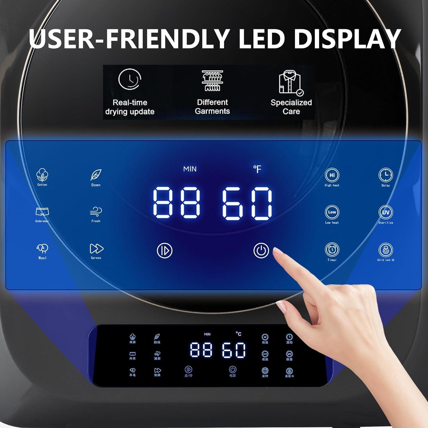 Portable Mini Cloth Dryer Machine Heating Tumble Dryers Front Load 120 V Electric RV Dryer with Smart Moisture Sensor LCD Control Panel Tumble Clothes Dryer Machine for Home (ABS+Steel Black)