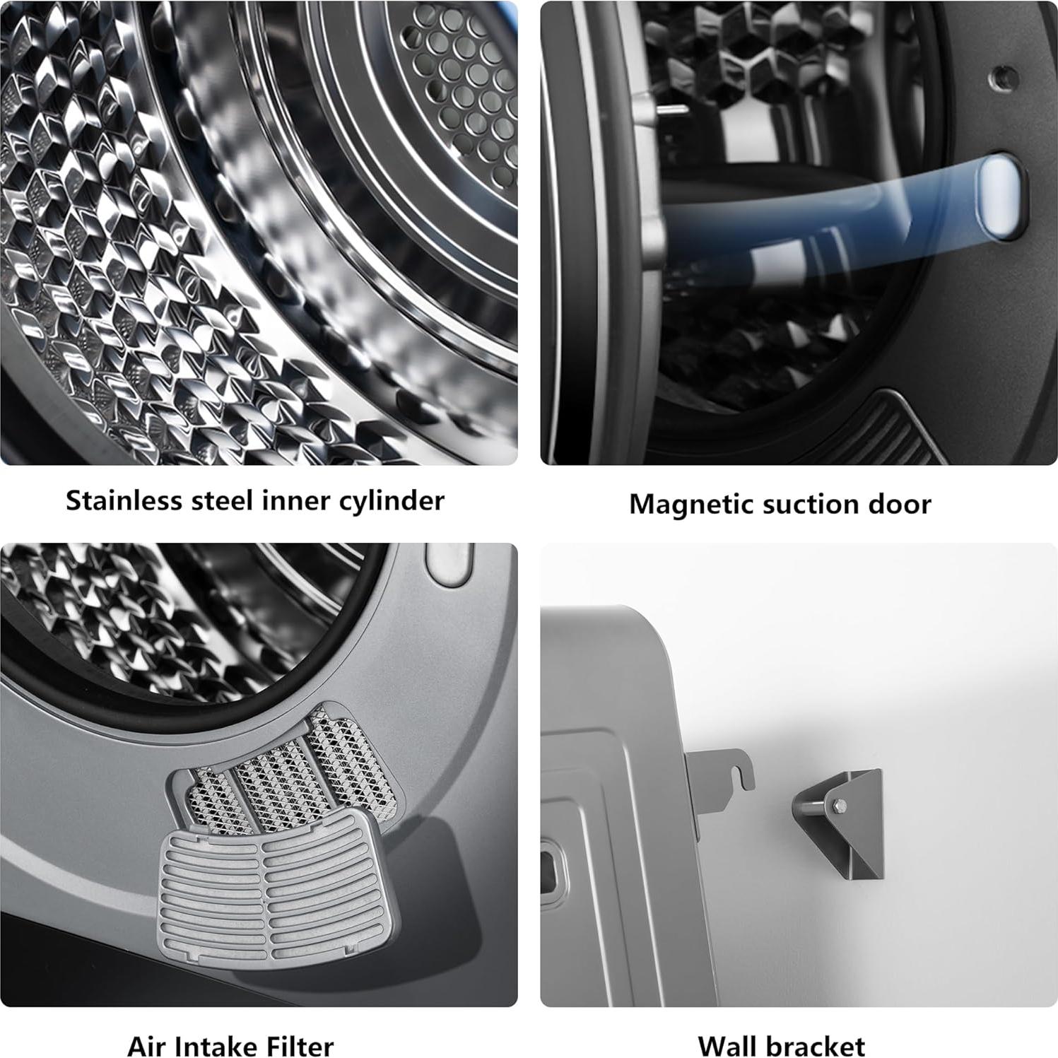 Portable Mini Cloth Dryer Machine Heating Tumble Dryers Front Load 120 V Electric RV Dryer with Smart Moisture Sensor LCD Control Panel Tumble Clothes Dryer Machine for Home (ABS+Steel Black)