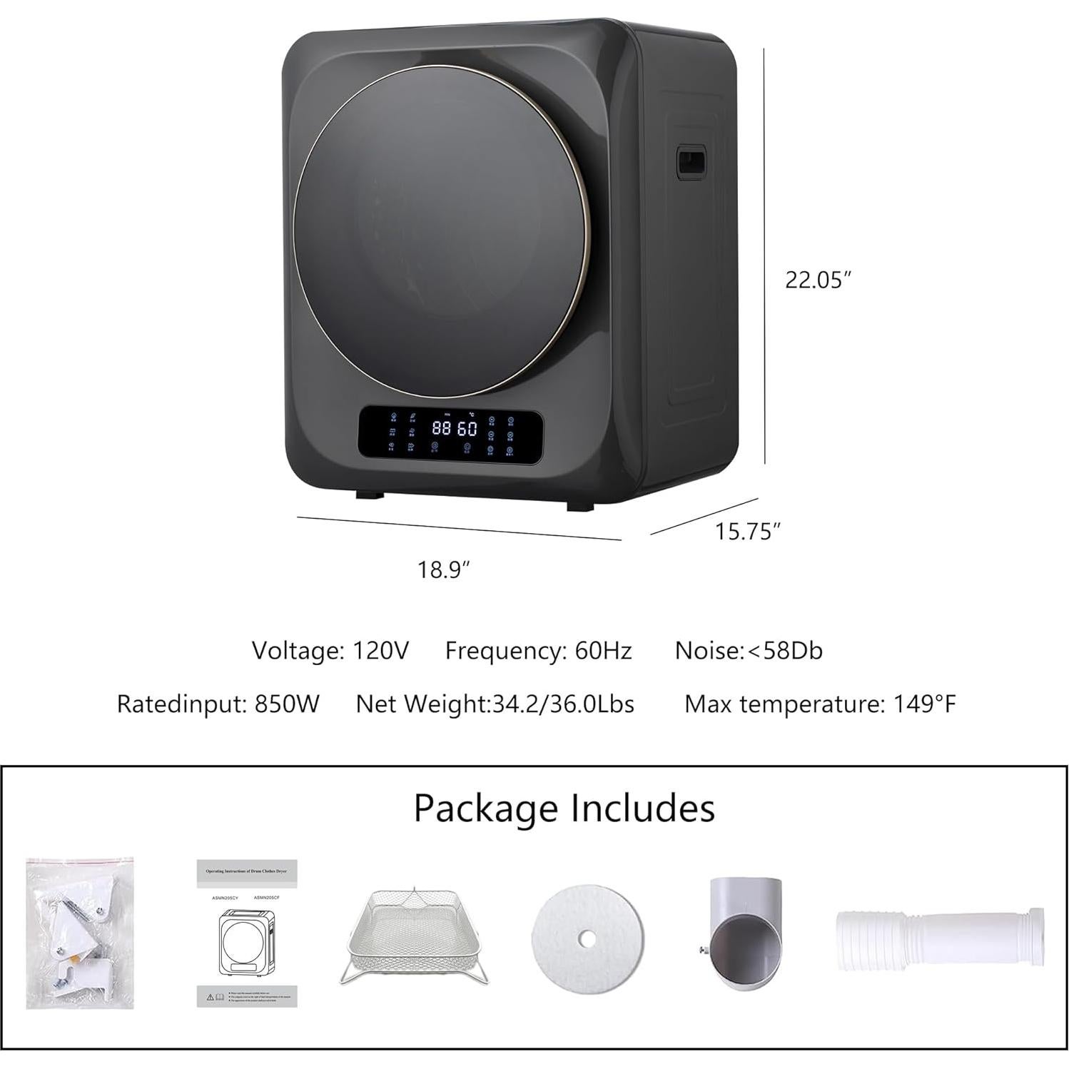 Portable Mini Cloth Dryer Machine Heating Tumble Dryers Front Load 120 V Electric RV Dryer with Smart Moisture Sensor LCD Control Panel Tumble Clothes Dryer Machine for Home (ABS+Steel Black)