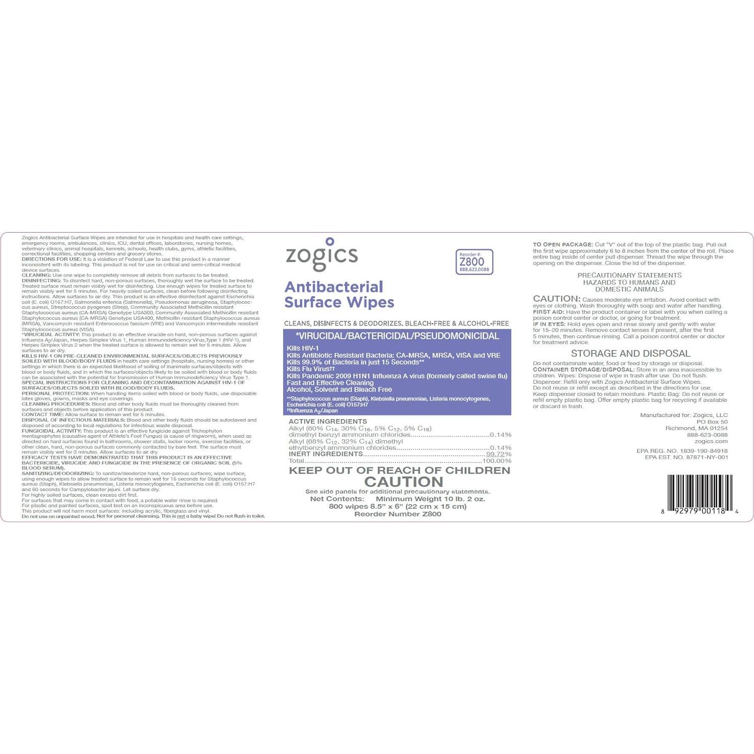 Toallitas Desinfectantes Antibacterianas Zogics 800 Unidades