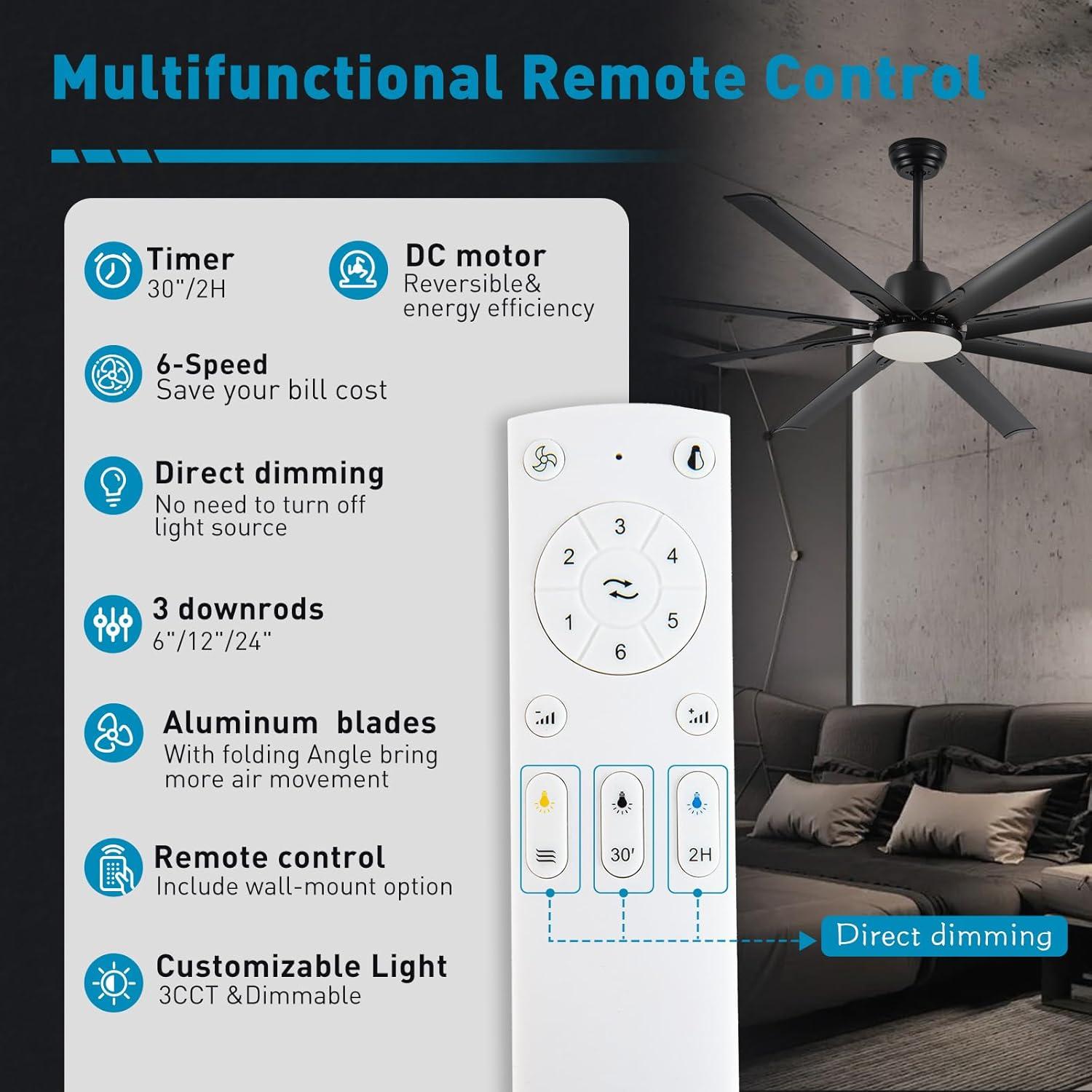 Ventilador de Techo Industrial Minislak 72" Negro con Luz y Control Remoto