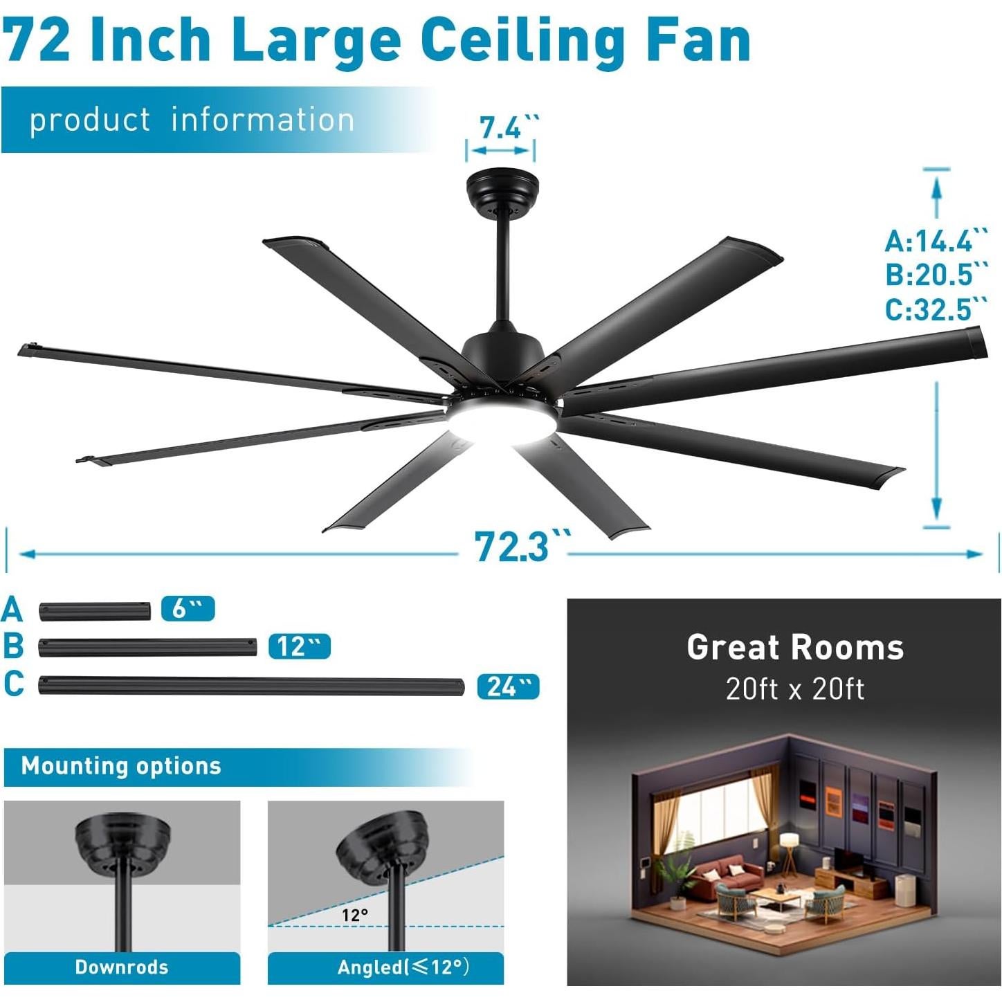 Ventilador de Techo Industrial Minislak 72" Negro con Luz y Control Remoto