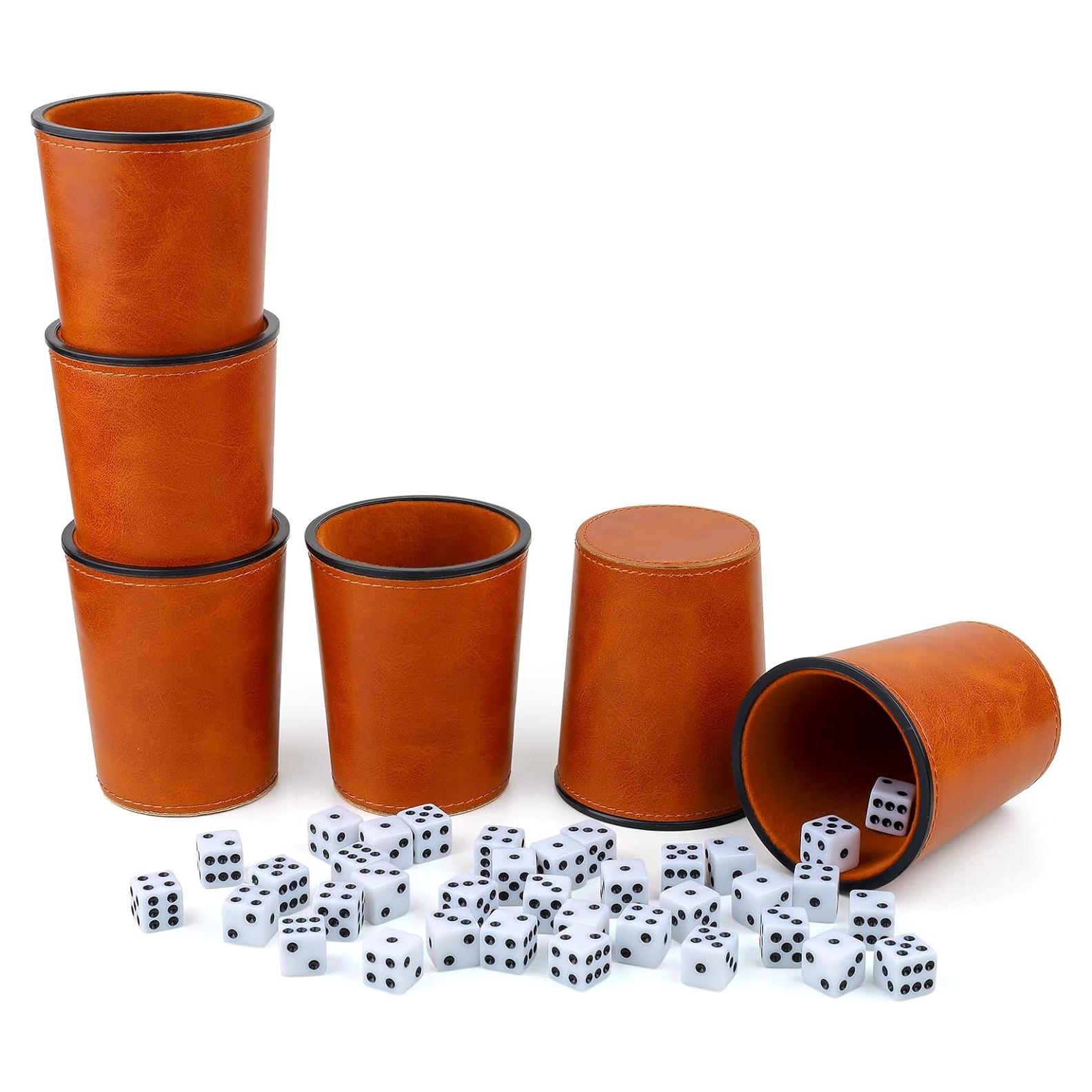 Juego de Tazas para Dados RERIVER 6 Tazas y 36 Dados Marrón