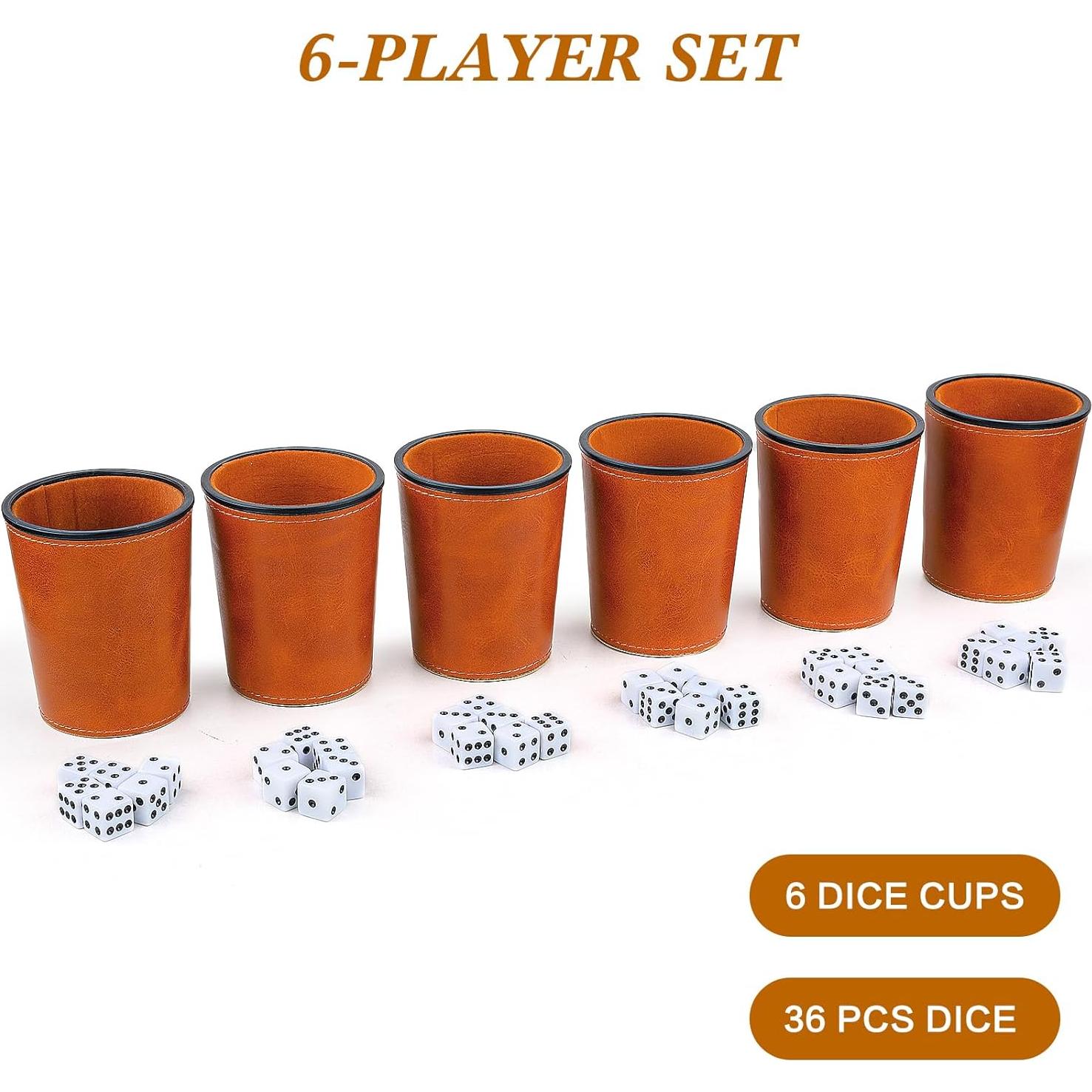 Juego de Tazas para Dados RERIVER 6 Tazas y 36 Dados Marrón