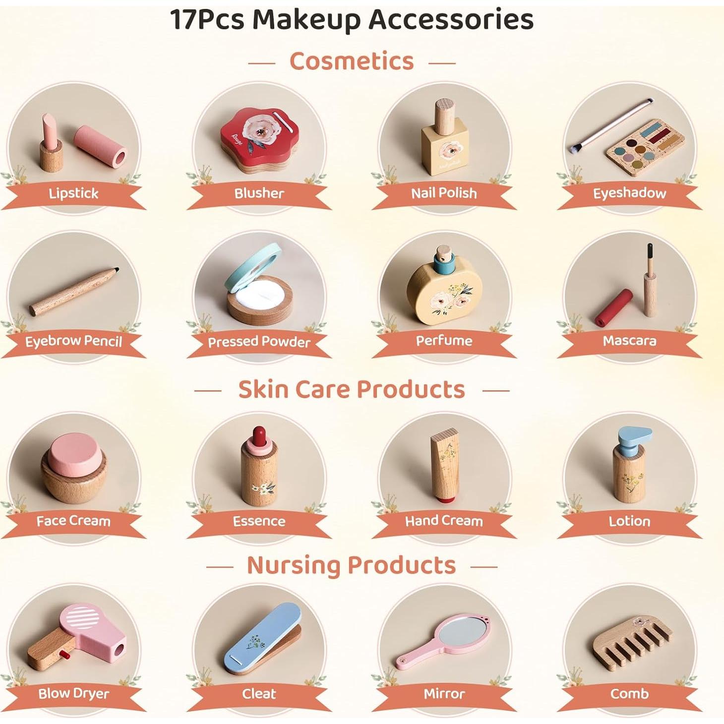 Juego de Maquillaje de Madera para Niños 18 Piezas - ibwaae