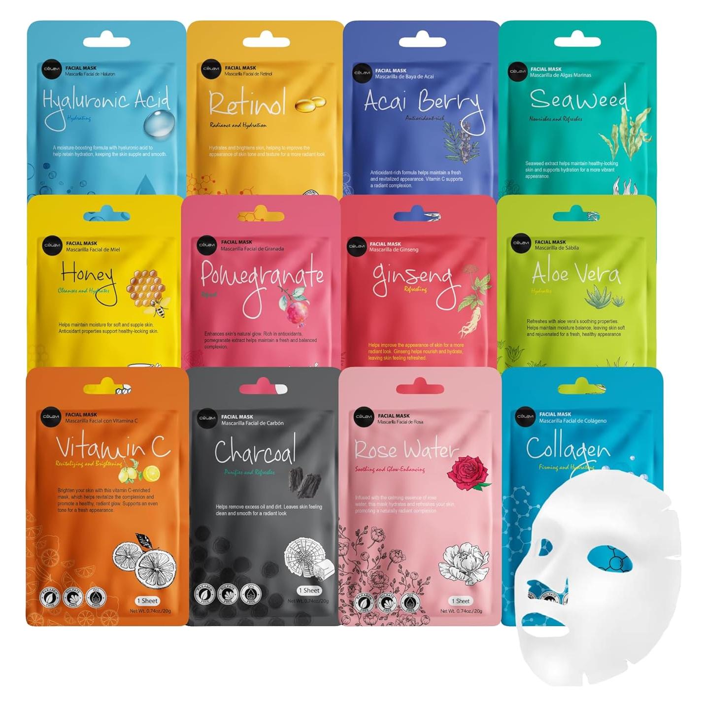 Conjunto de 12 Mascarillas Faciales Celavi K-Beauty Hidratantes