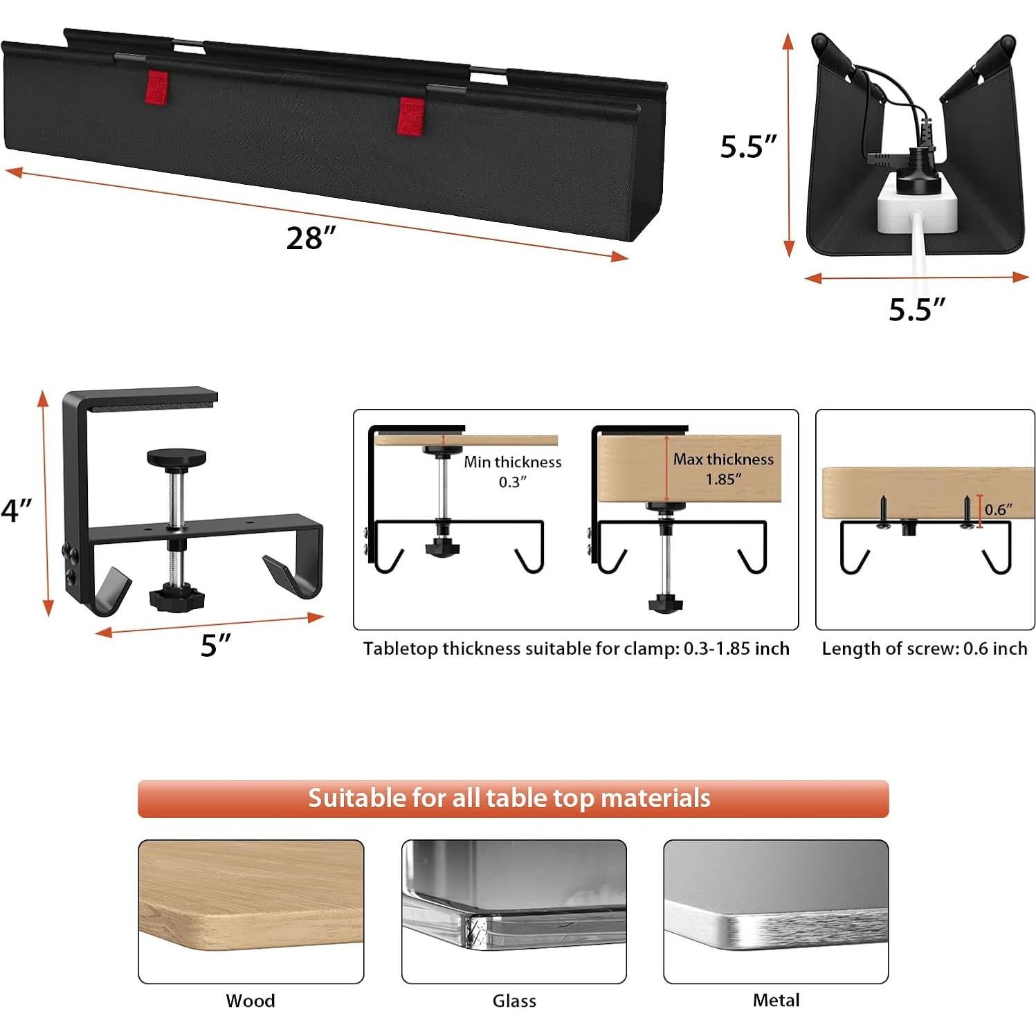 Bandeja de gestión de cables Univivi 71.12 cm negra para escritorio