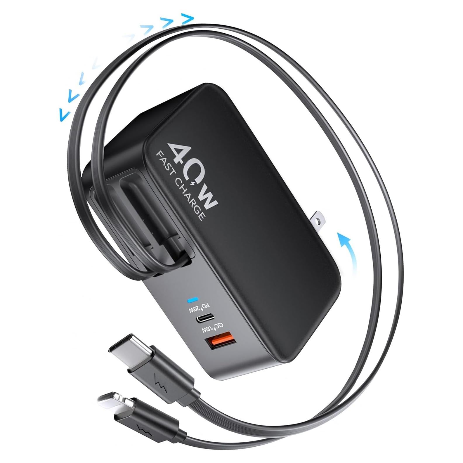 Cargador de pared retráctil 40W USB C para iPhone 17 Pro