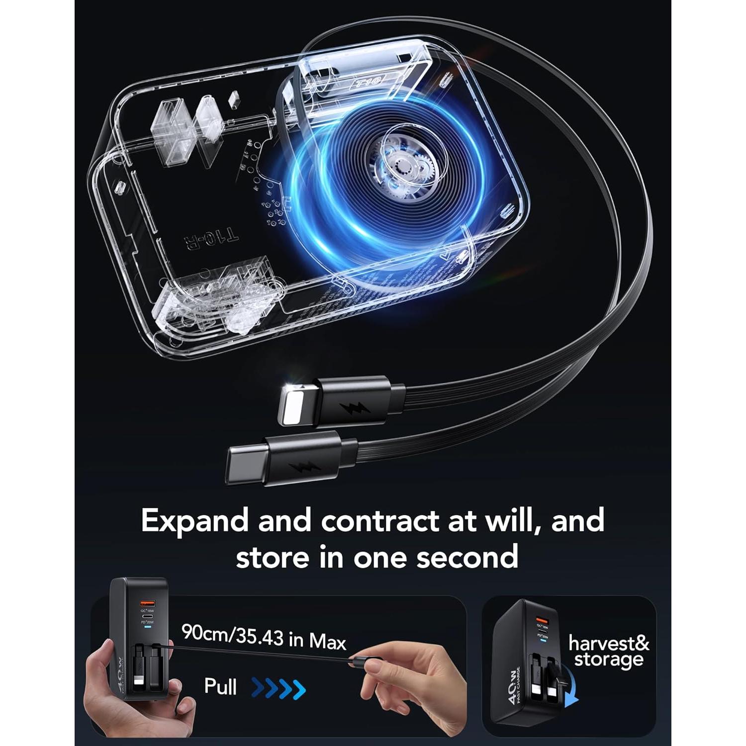 Cargador de pared retráctil 40W USB C para iPhone 17 Pro