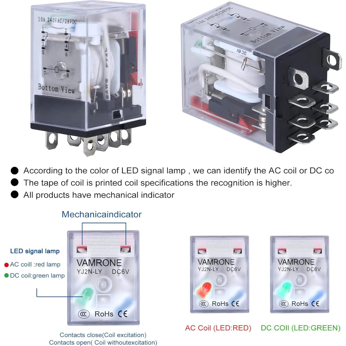 Relé Electromagnético 10A 6V CC con Base y LED - MY2NJ