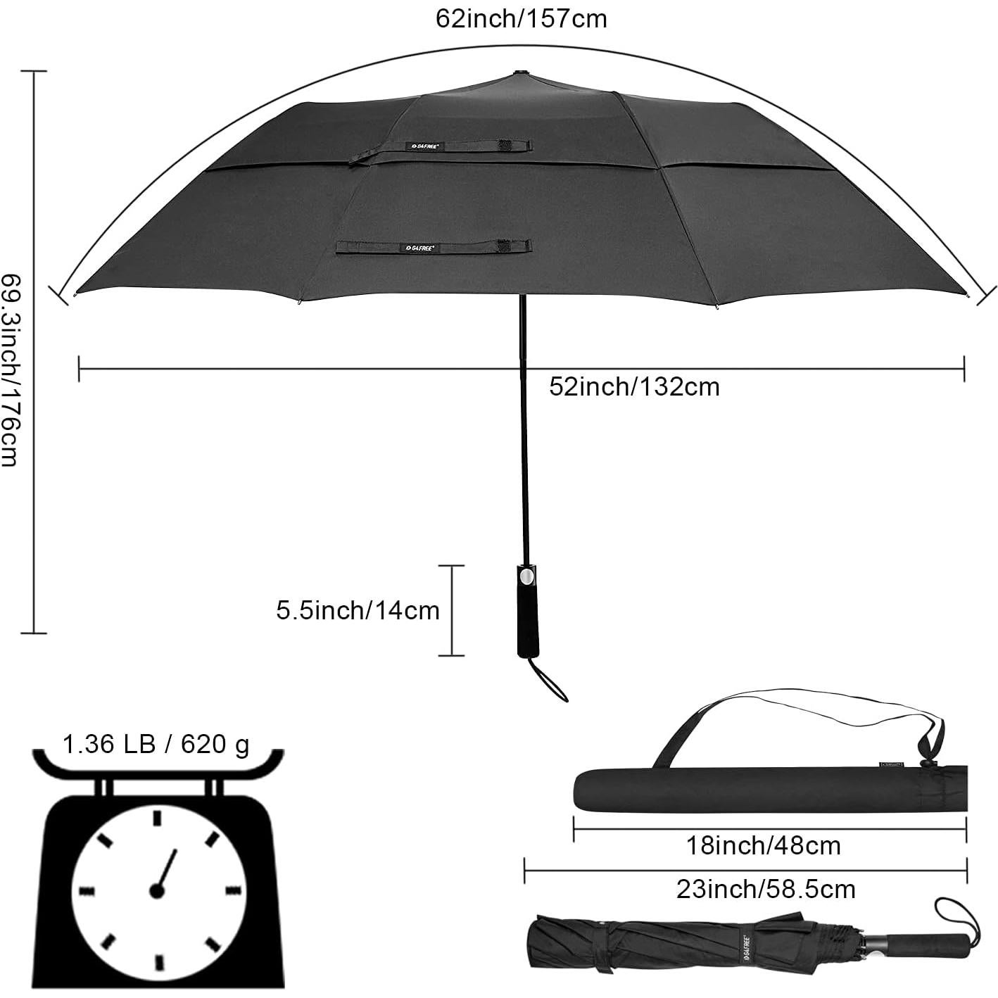 Paraguas de Golf Plegable G4Free 62" Automático Impermeable Negro