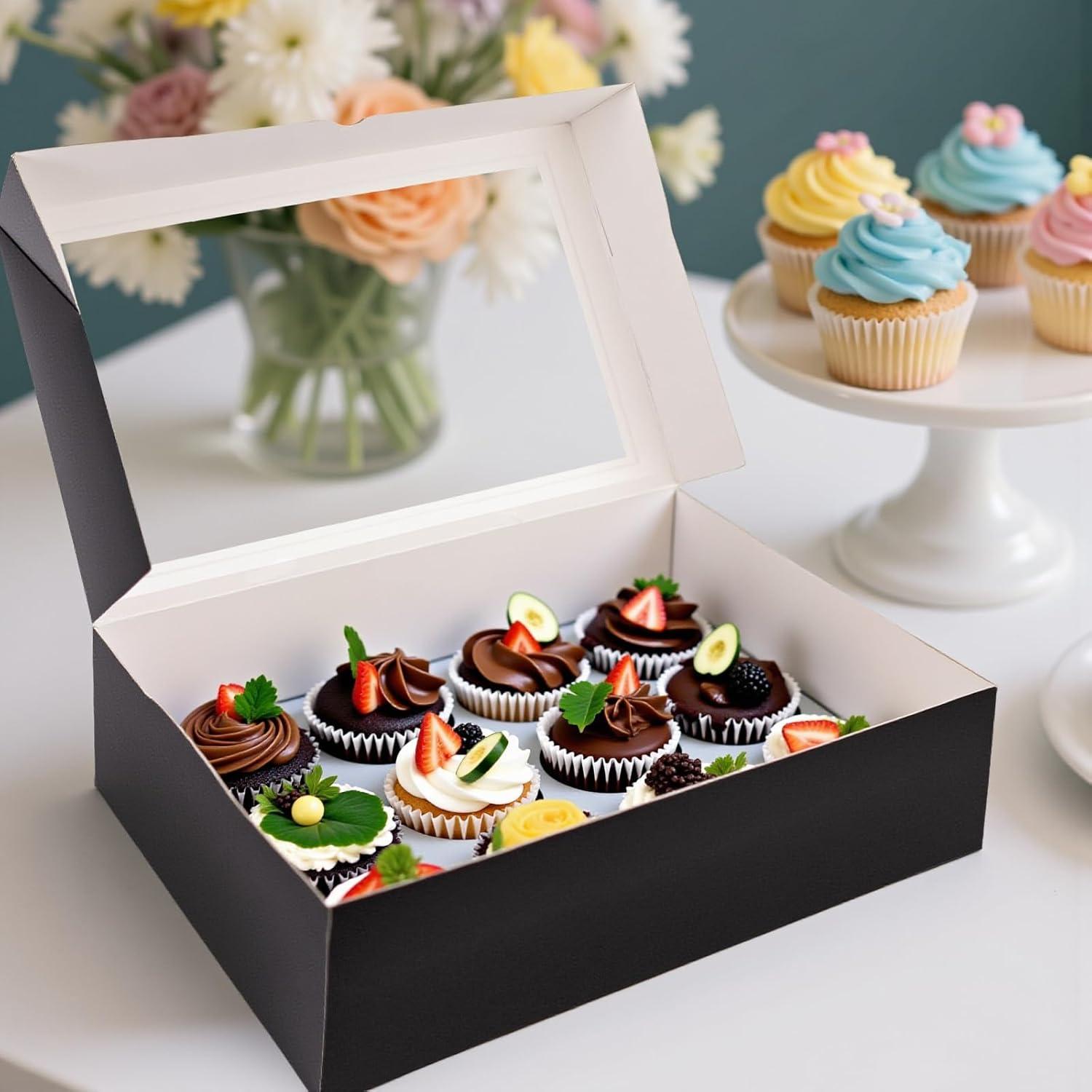 Cajas de Cupcakes VGOODALL 6PCS con Ventana Negras 33.5x24.9cm