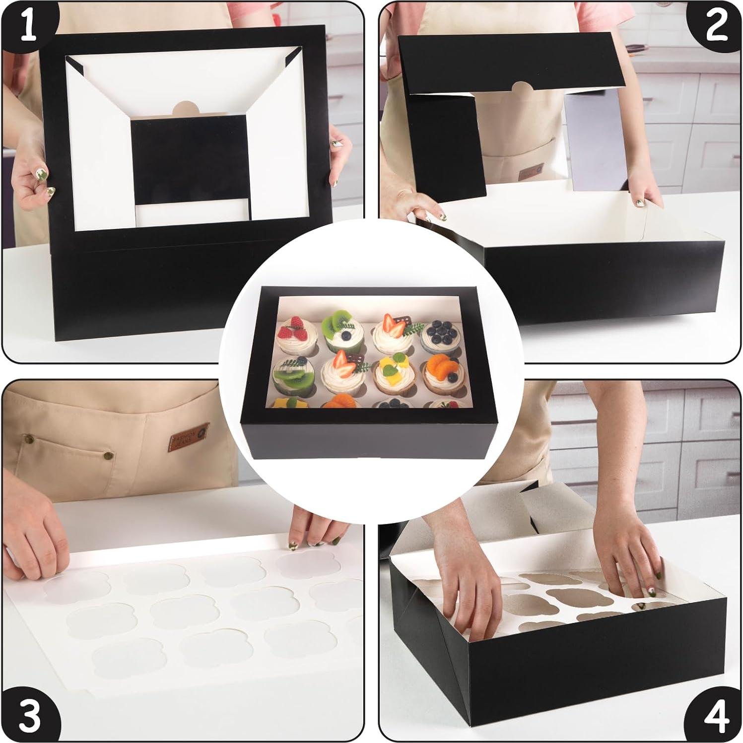 Cajas de Cupcakes VGOODALL 6PCS con Ventana Negras 33.5x24.9cm