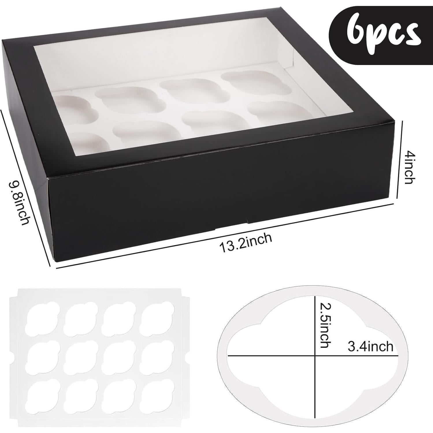 Cajas de Cupcakes VGOODALL 6PCS con Ventana Negras 33.5x24.9cm