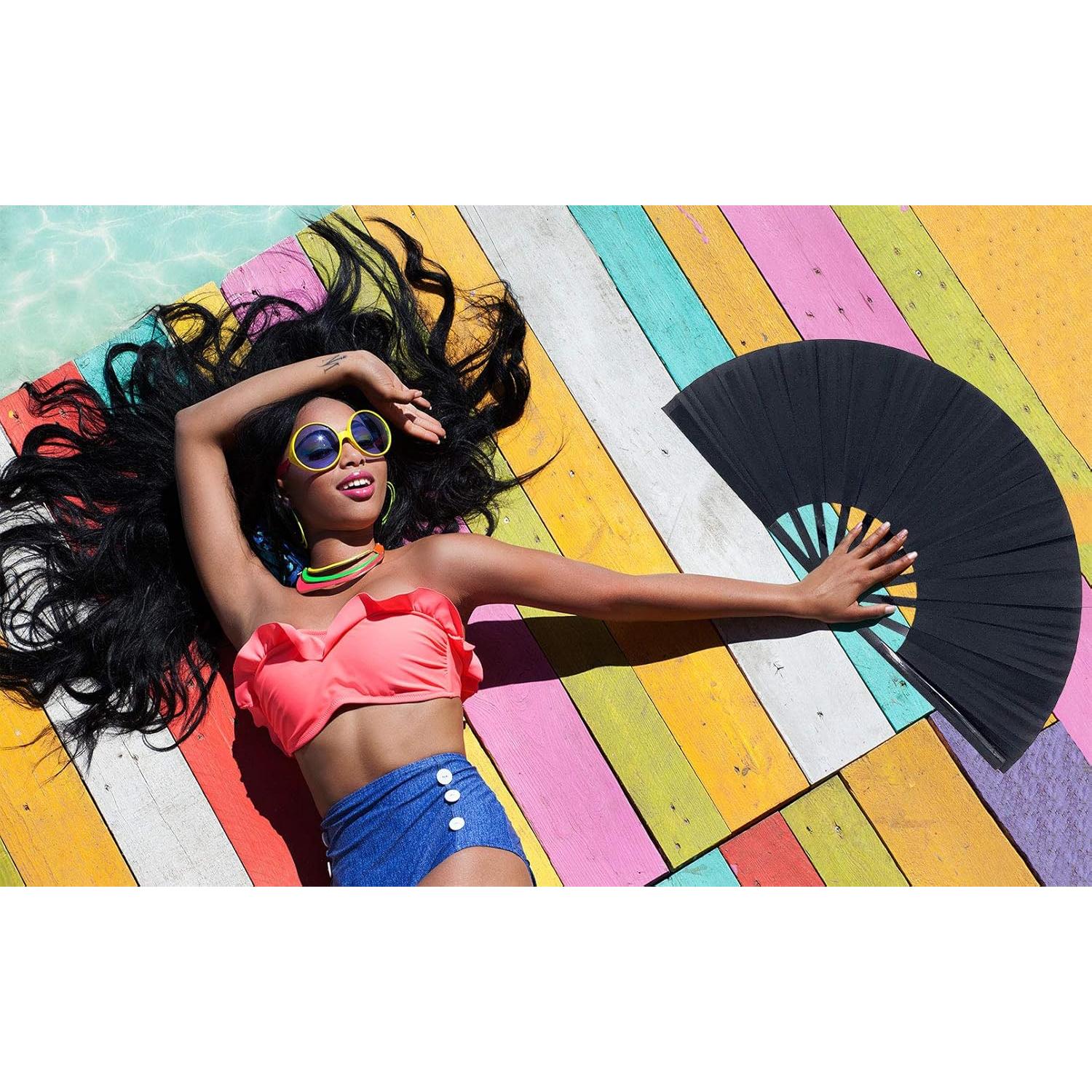 Abanico Plegable Grande STHUAHE Negro para Rave y Danza