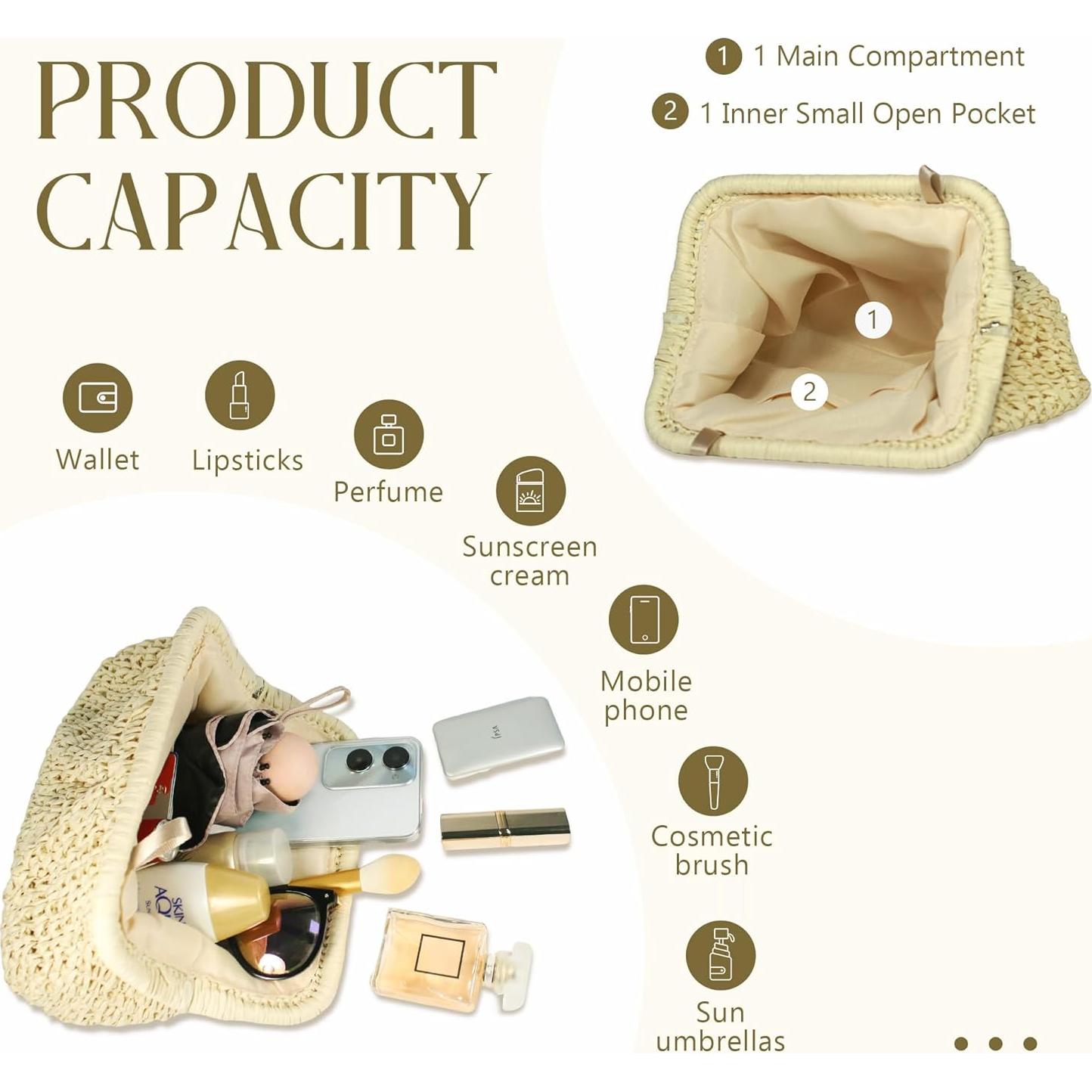 Bolso de mano de paja FUKEFUKEUS beige 26x20x6 cm verano