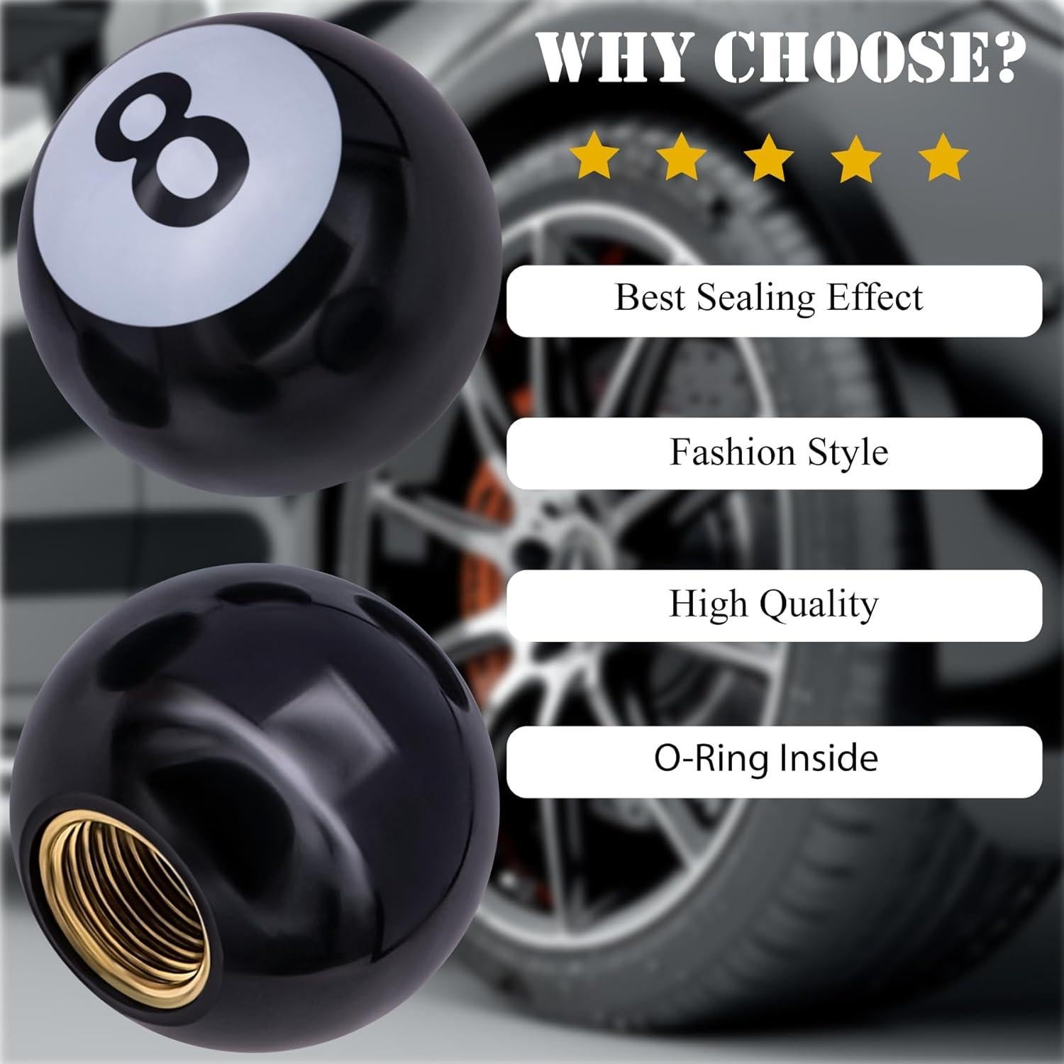 4 Tapones de Válvula de Neumático MEAJOO 8-Ball Negro Universales