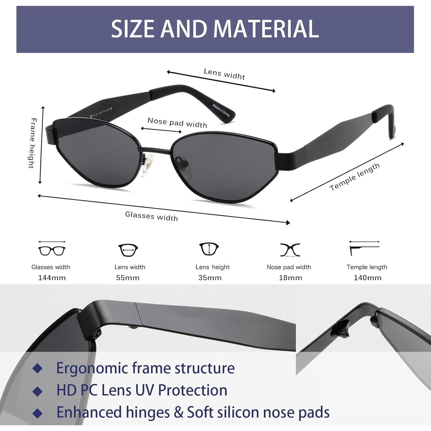 Gafas de sol cateye negras UV400 para mujer VF2249