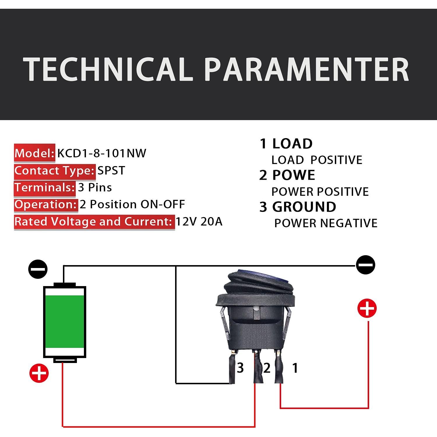 Interruptor Basculante Redondo Impermeable Mankk KCD1-8-101NW 12V 20A