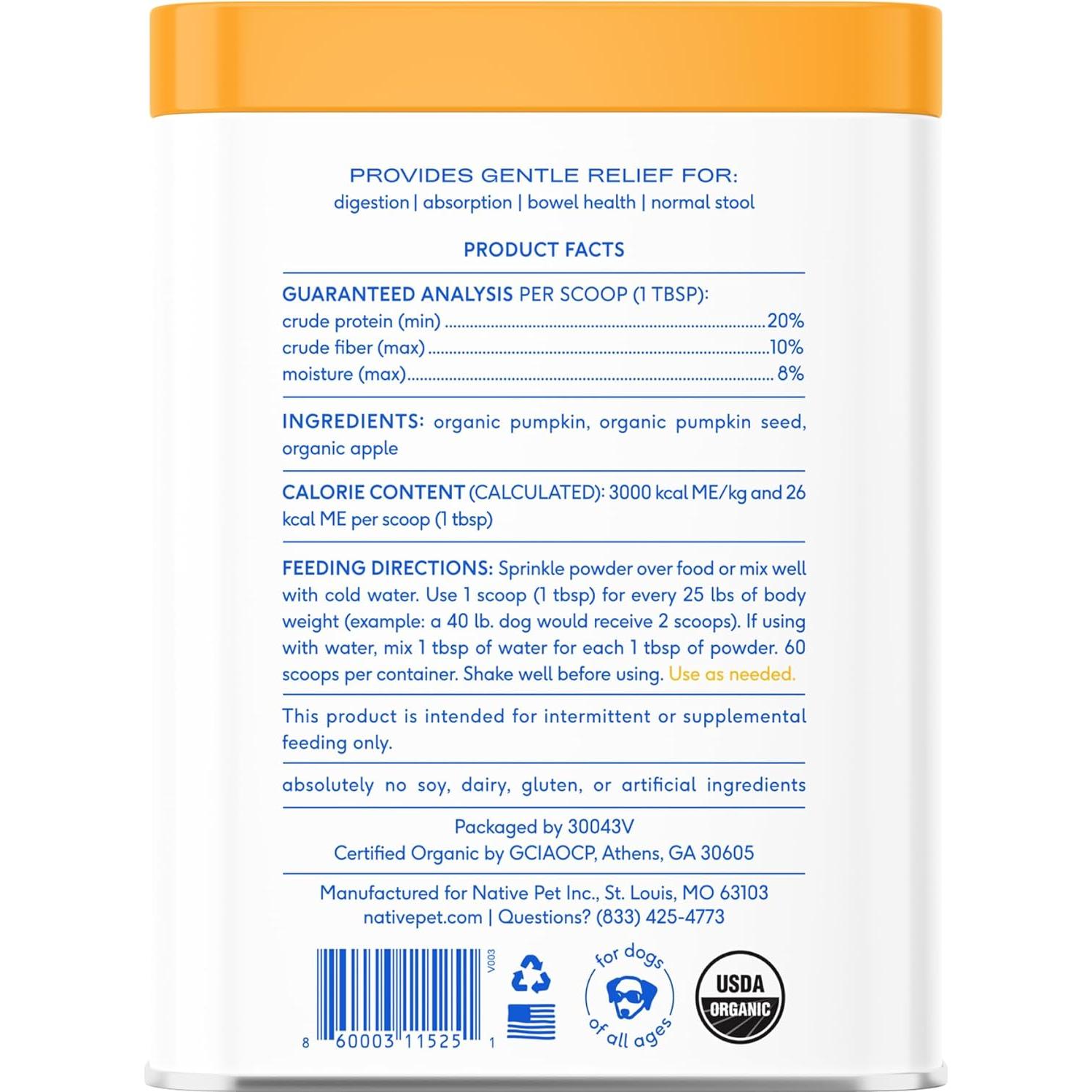 Puré de Calabaza Orgánica Native Pet - 60 Porciones Digestivas