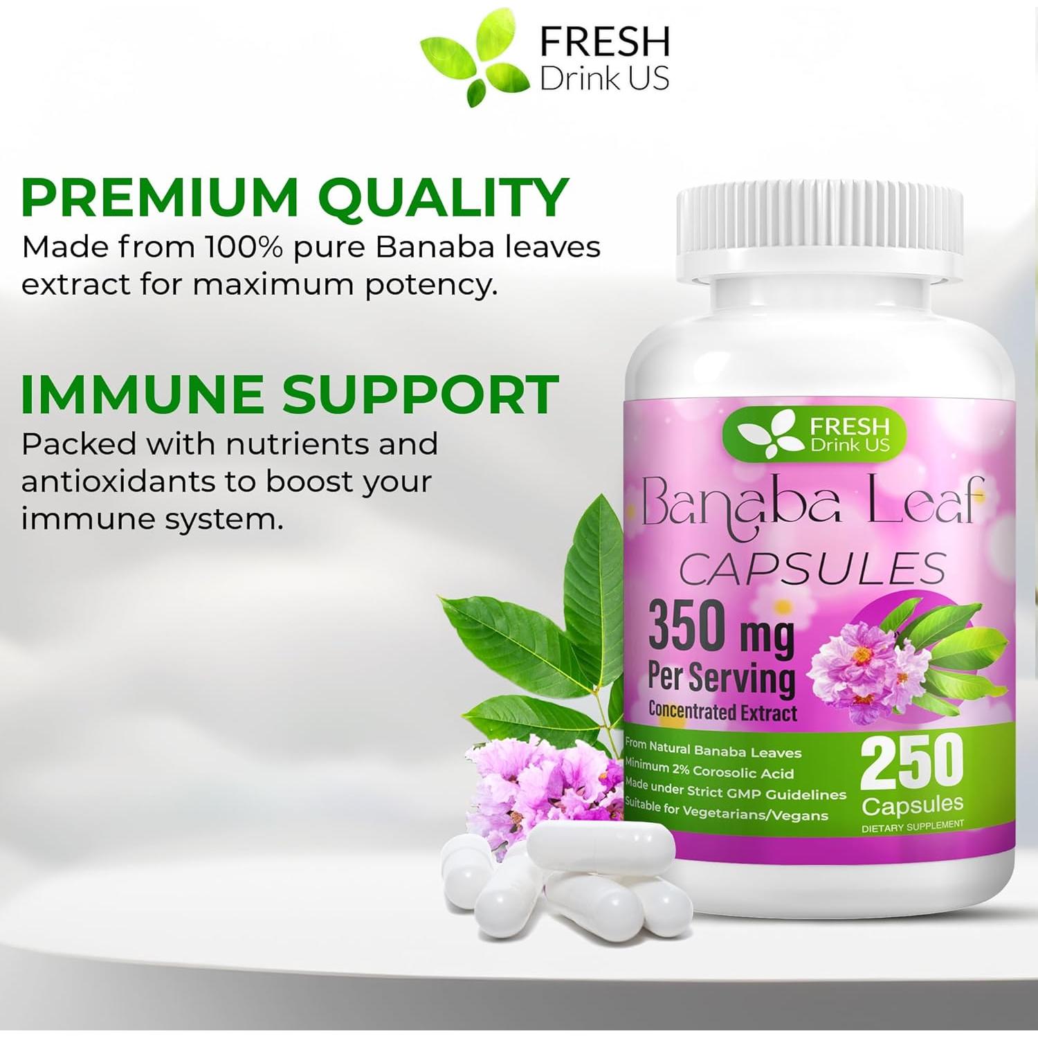 Cápsulas de Banaba FRESHDRINKUS 250 Unidades 350mg Veganas