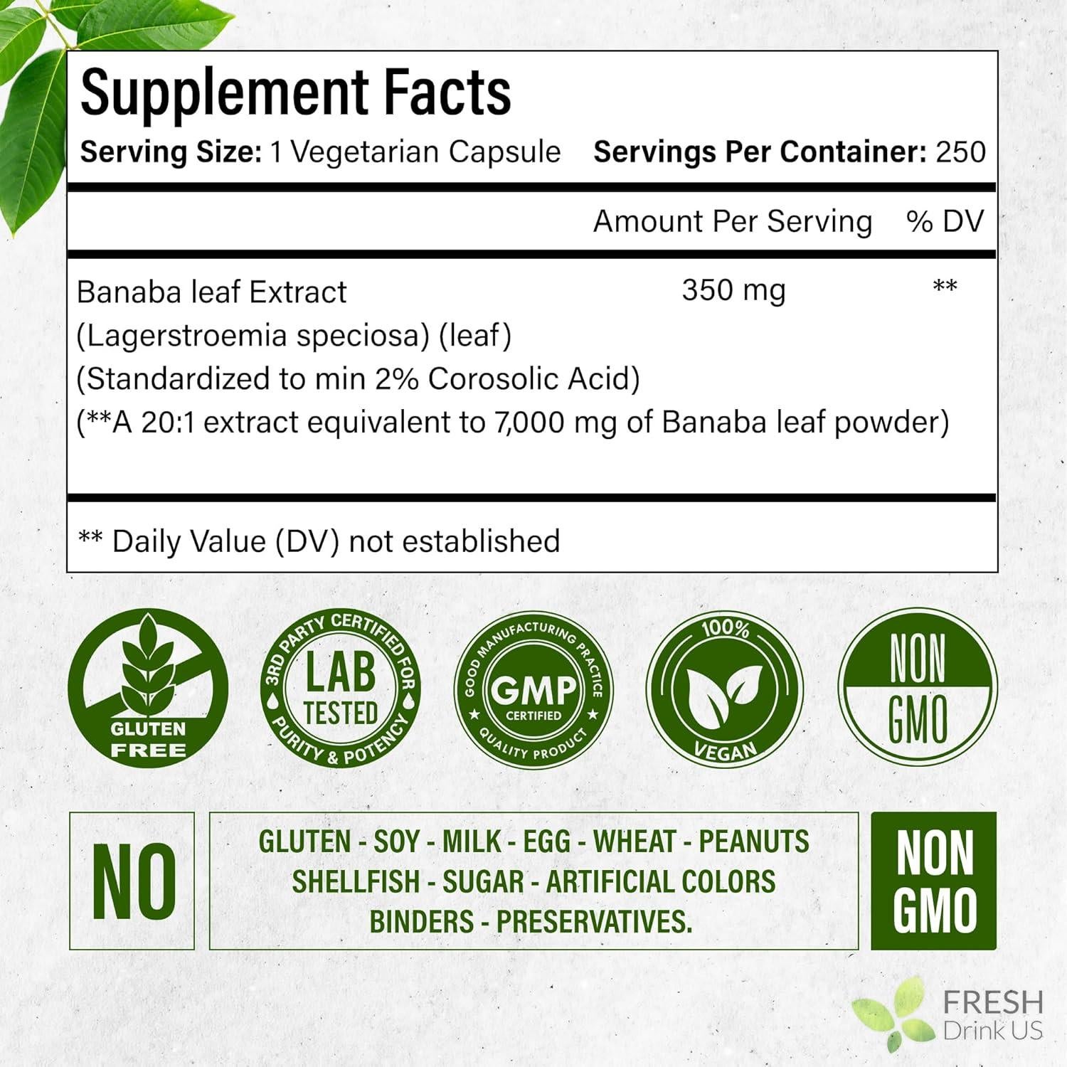 Cápsulas de Banaba FRESHDRINKUS 250 Unidades 350mg Veganas