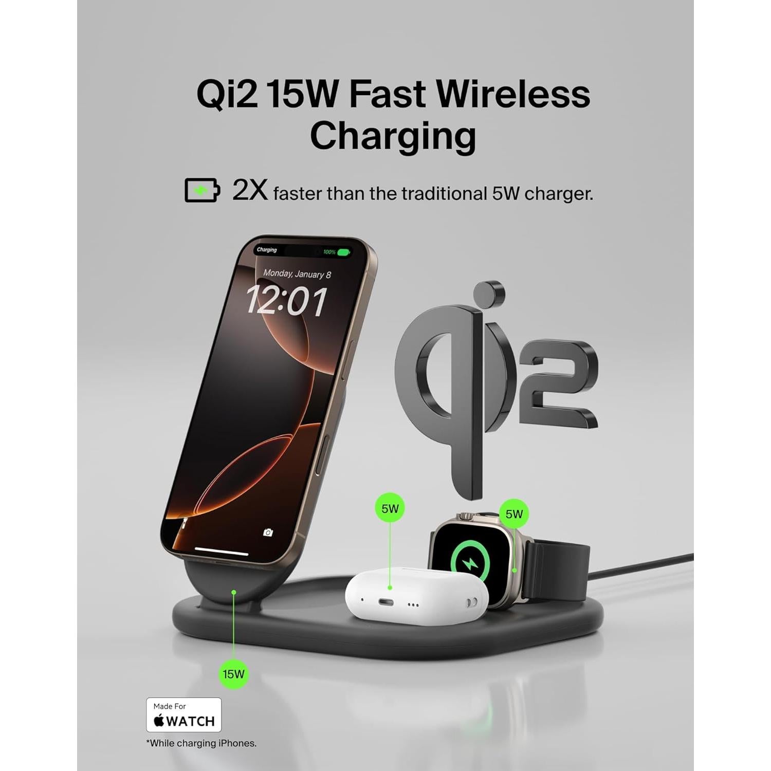 Cargador Belkin 3 en 1 Magnético Plegable Qi2 15W - Negro