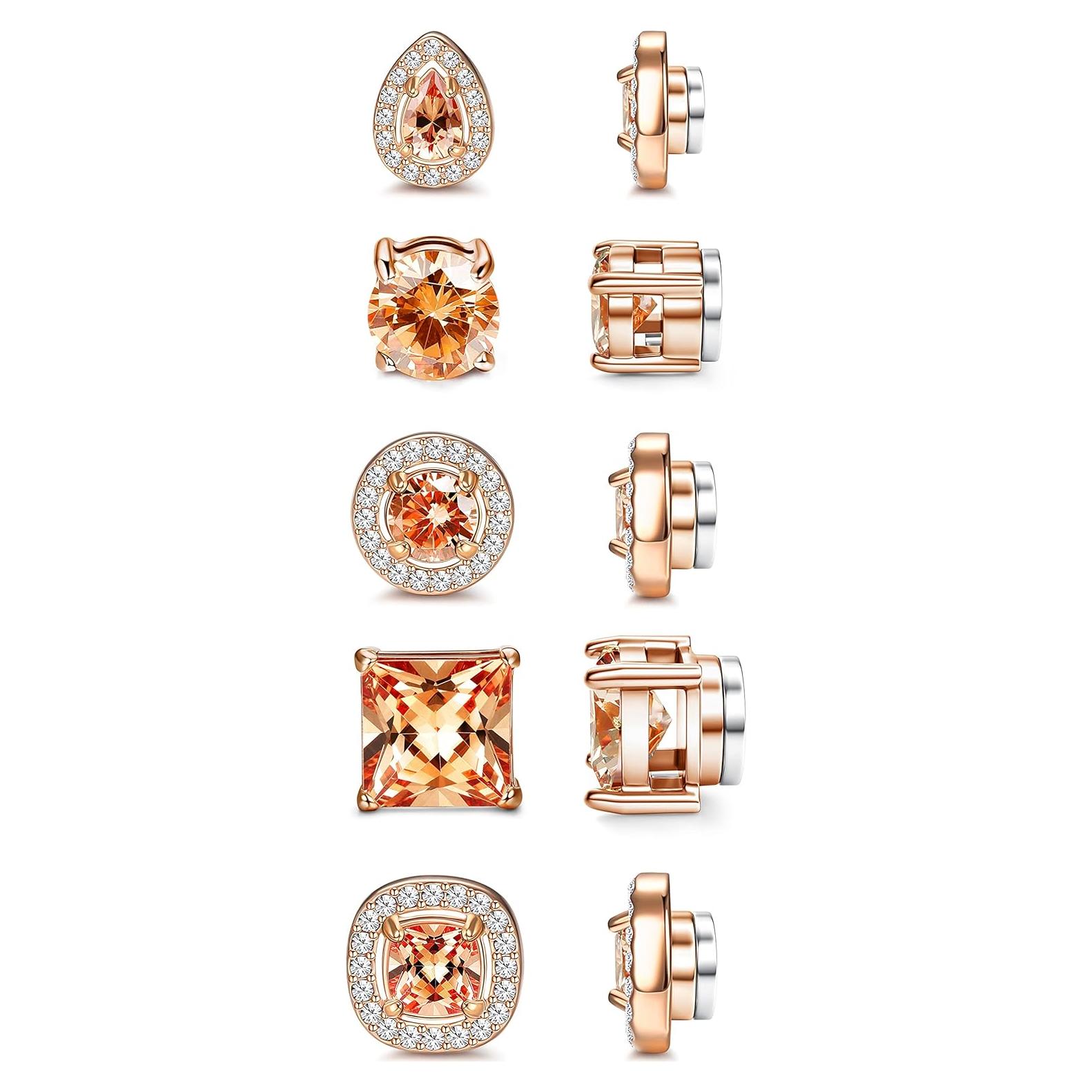 Florideco 5Pairs Stainless Steel Magnetic Earrings for Men Women Non-piercing CZ Hypoallergenic Round Square Teardrop Faux Diamond Halo Magnetic Stud Earrings Set