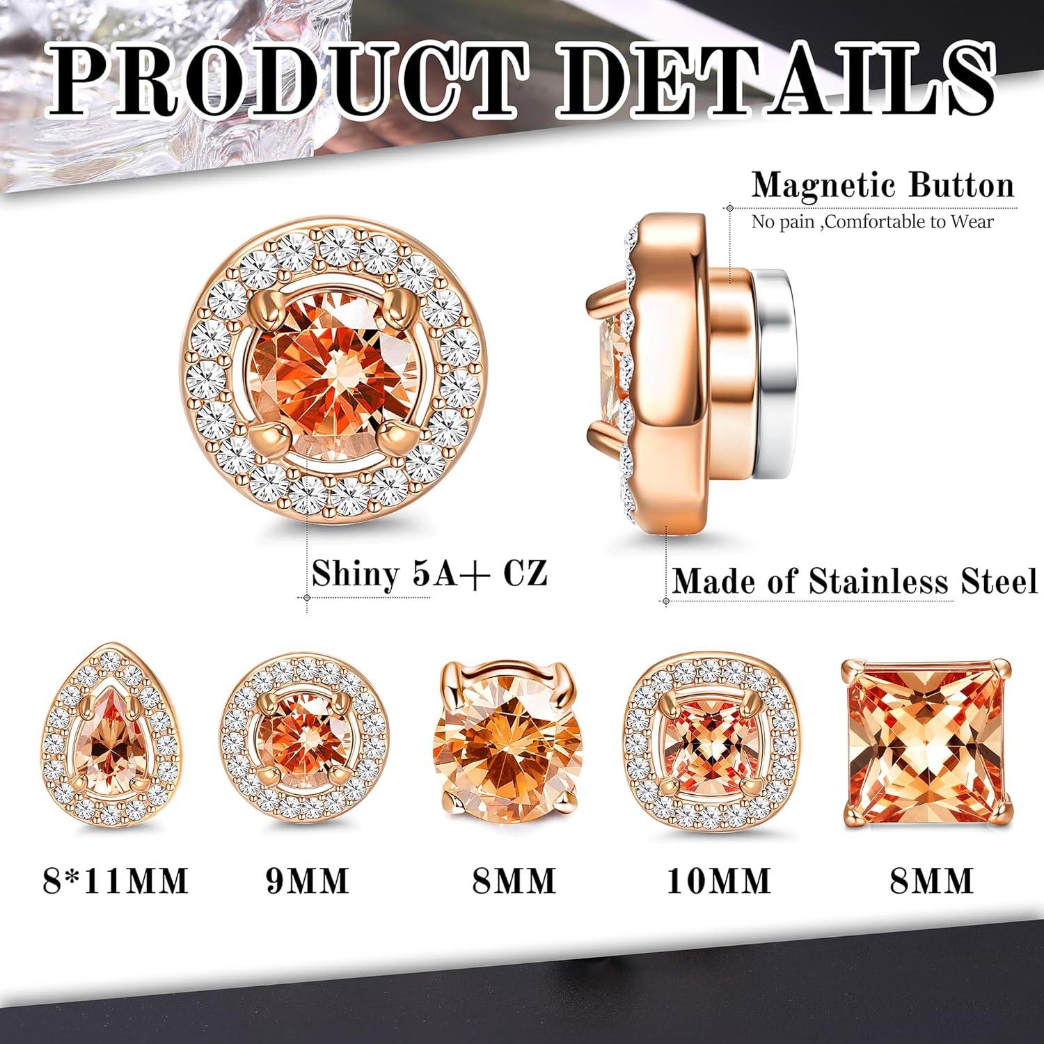 Florideco 5Pairs Stainless Steel Magnetic Earrings for Men Women Non-piercing CZ Hypoallergenic Round Square Teardrop Faux Diamond Halo Magnetic Stud Earrings Set