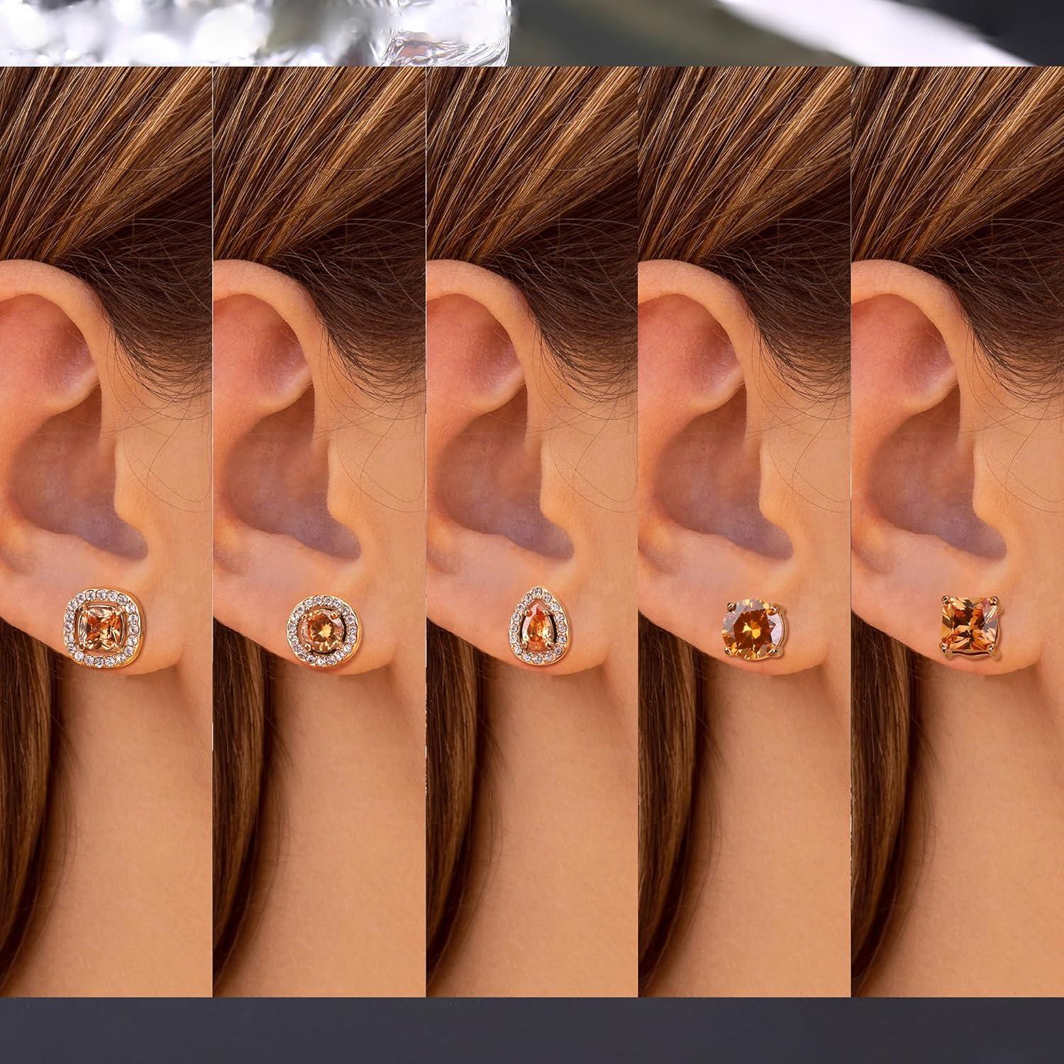 Florideco 5Pairs Stainless Steel Magnetic Earrings for Men Women Non-piercing CZ Hypoallergenic Round Square Teardrop Faux Diamond Halo Magnetic Stud Earrings Set