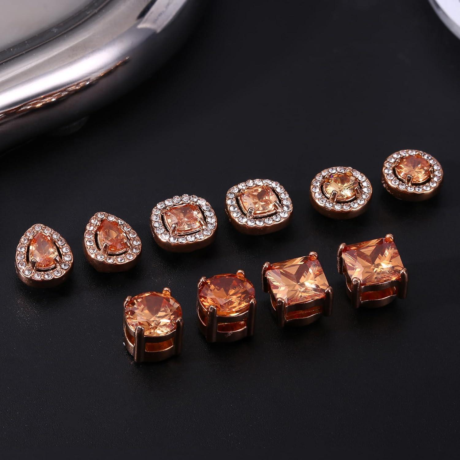 Florideco 5Pairs Stainless Steel Magnetic Earrings for Men Women Non-piercing CZ Hypoallergenic Round Square Teardrop Faux Diamond Halo Magnetic Stud Earrings Set