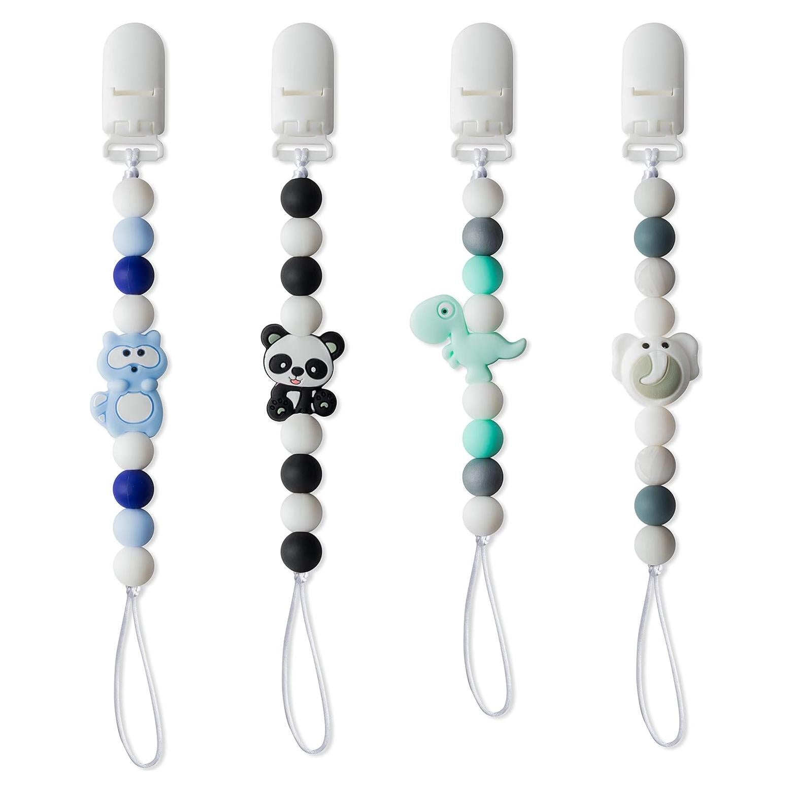 4 Clips de Chupete de Silicona para Bebés - Panda, Dinosaurio, Elefante, Mapache