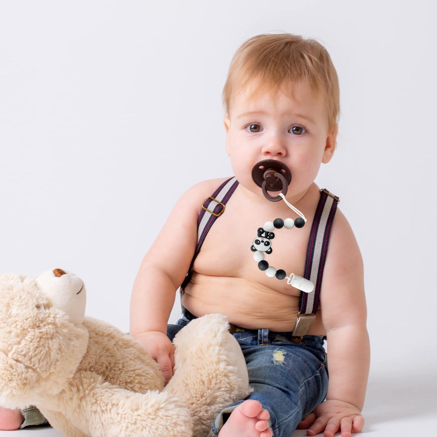 4 Clips de Chupete de Silicona para Bebés - Panda, Dinosaurio, Elefante, Mapache