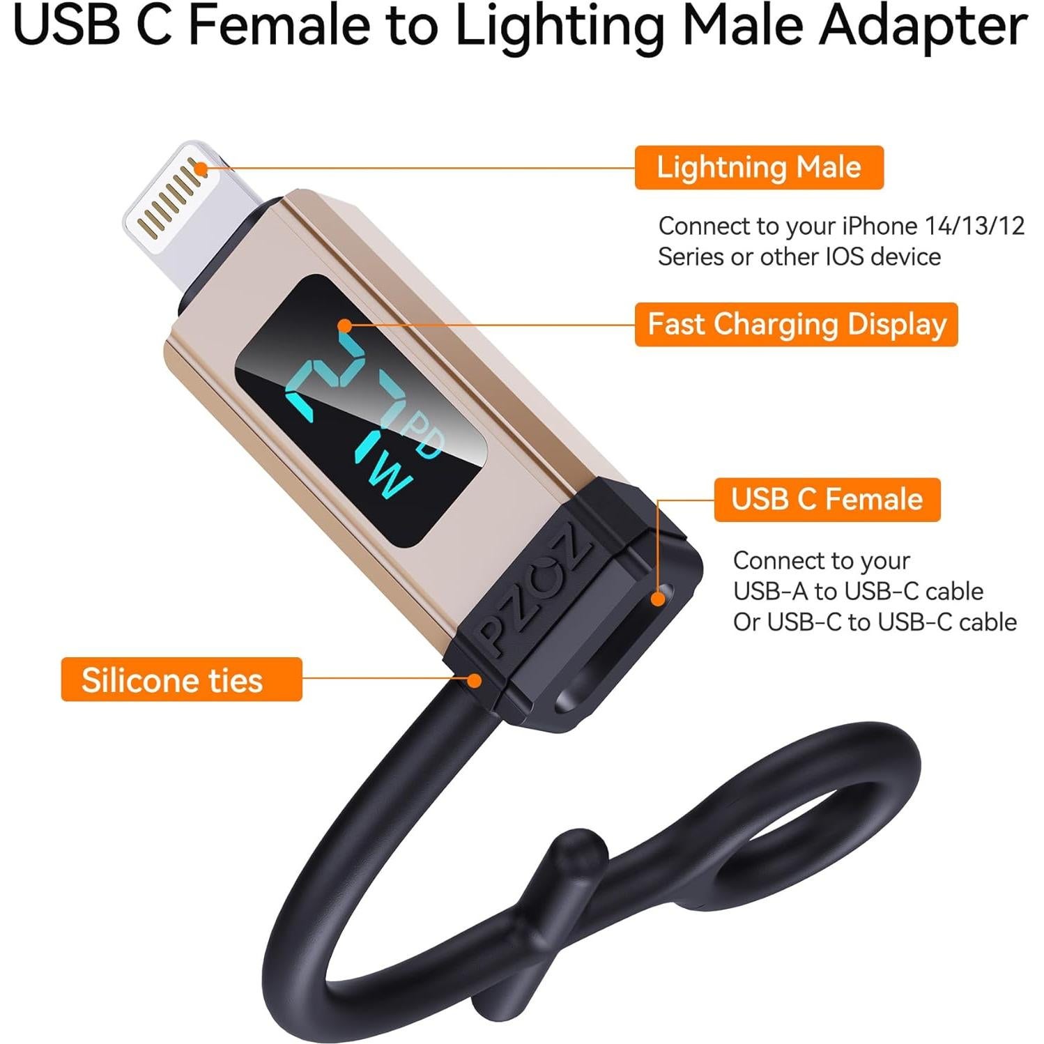 Adaptador USB C a Lightning PZOZ 27W con Pantalla LED