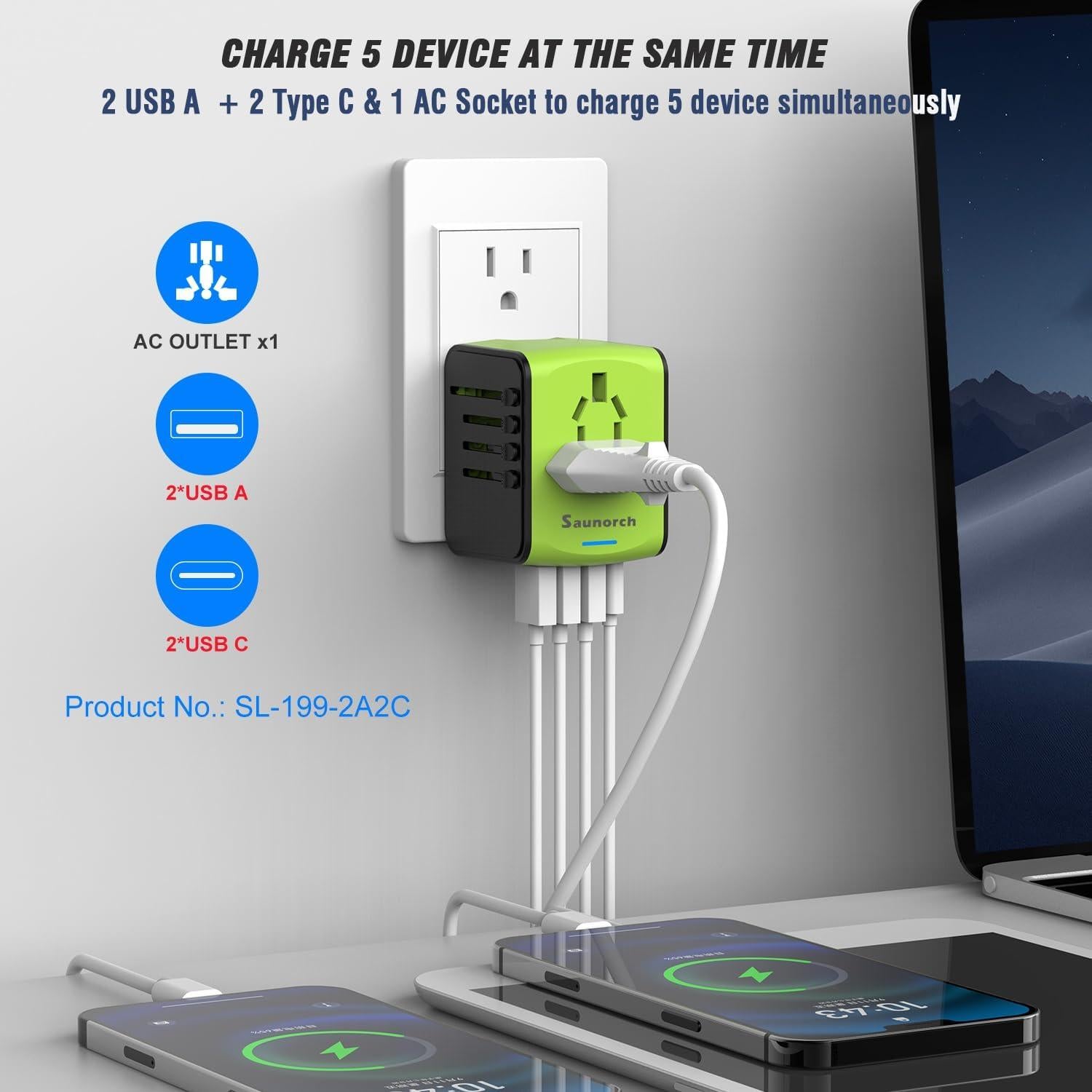 Adaptador de Viaje Universal SAUNORCH 5 en 1 2xUSB-C 2xUSB-A