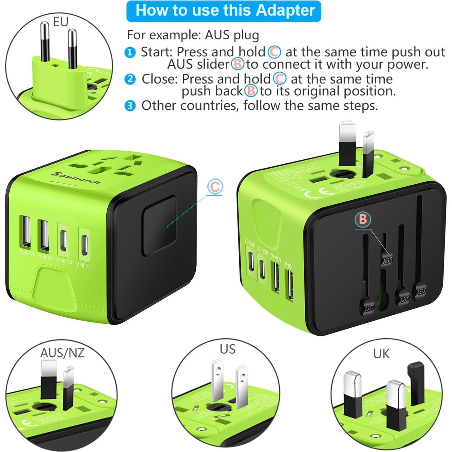 Adaptador de Viaje Universal SAUNORCH 5 en 1 2xUSB-C 2xUSB-A