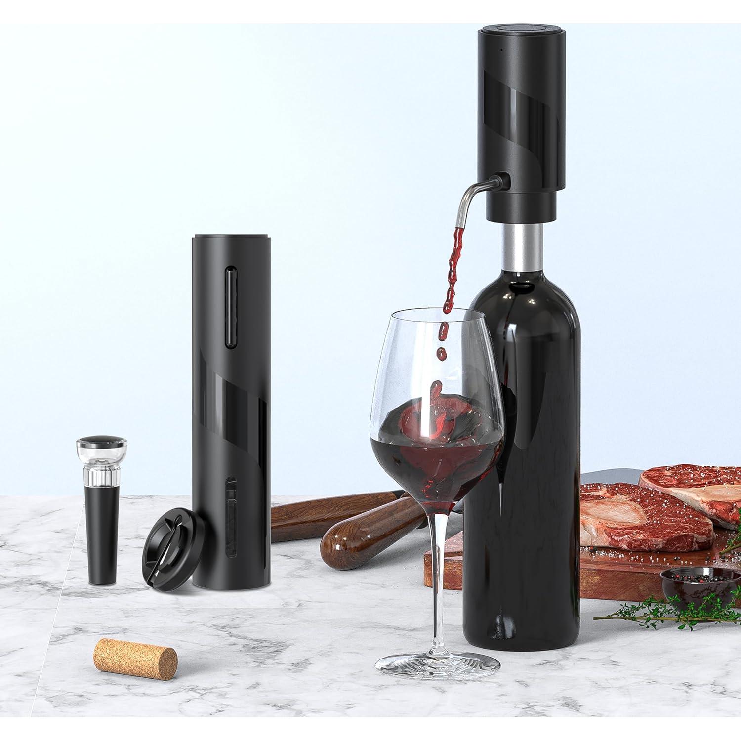 Set Abridor de Vino Eléctrico 4 en 1 Kavydens Negro